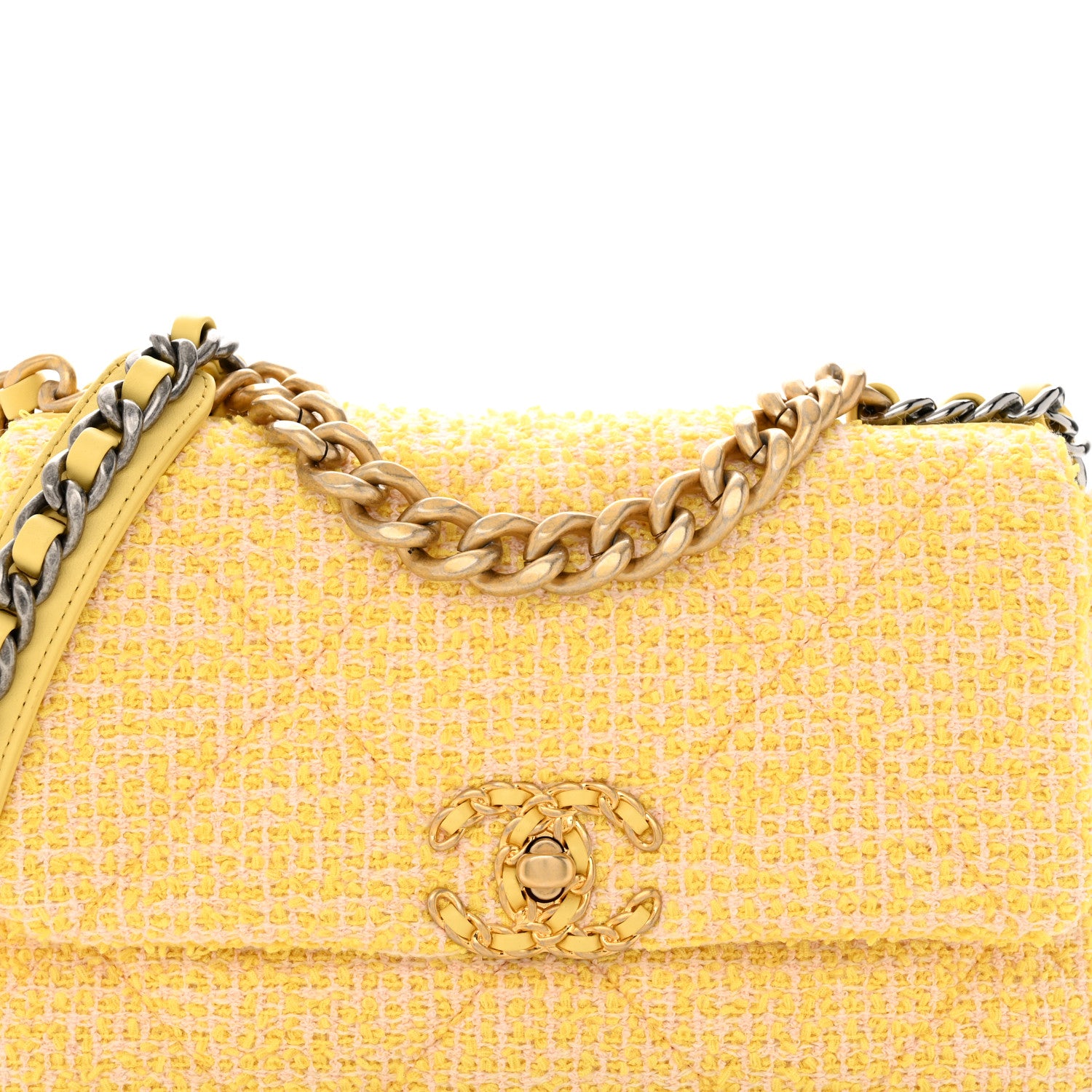Chanel Tweed Quilted Medium Chanel 19 Flap Yellow Pink 8 of 12