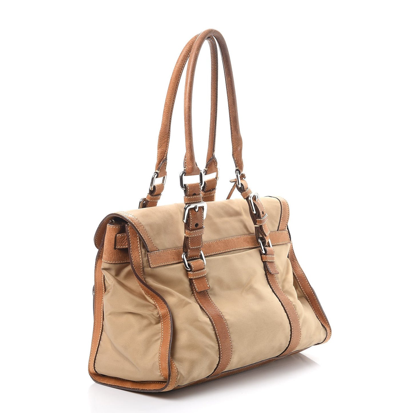 Tessuto Nylon Calfskin Pushlock Satchel Brown