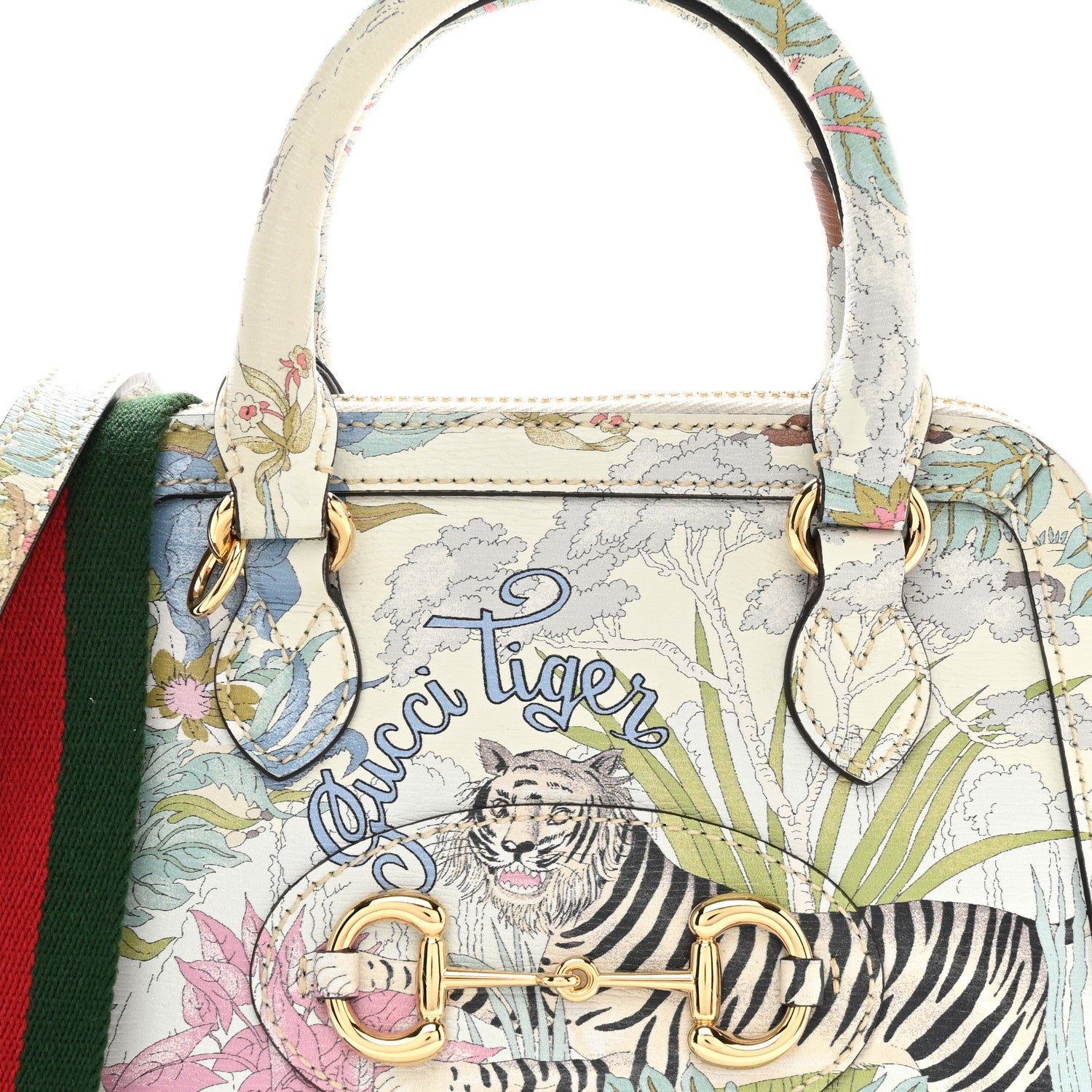 Gucci New Shangai Calfskin Tiger Savanah Web Mini Horsebit 1955 Top Handle Bag Chalky White Multicolor 8 of 11