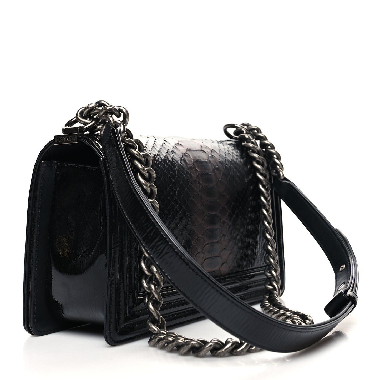 Patent Snakeskin Medium Boy Flap Black