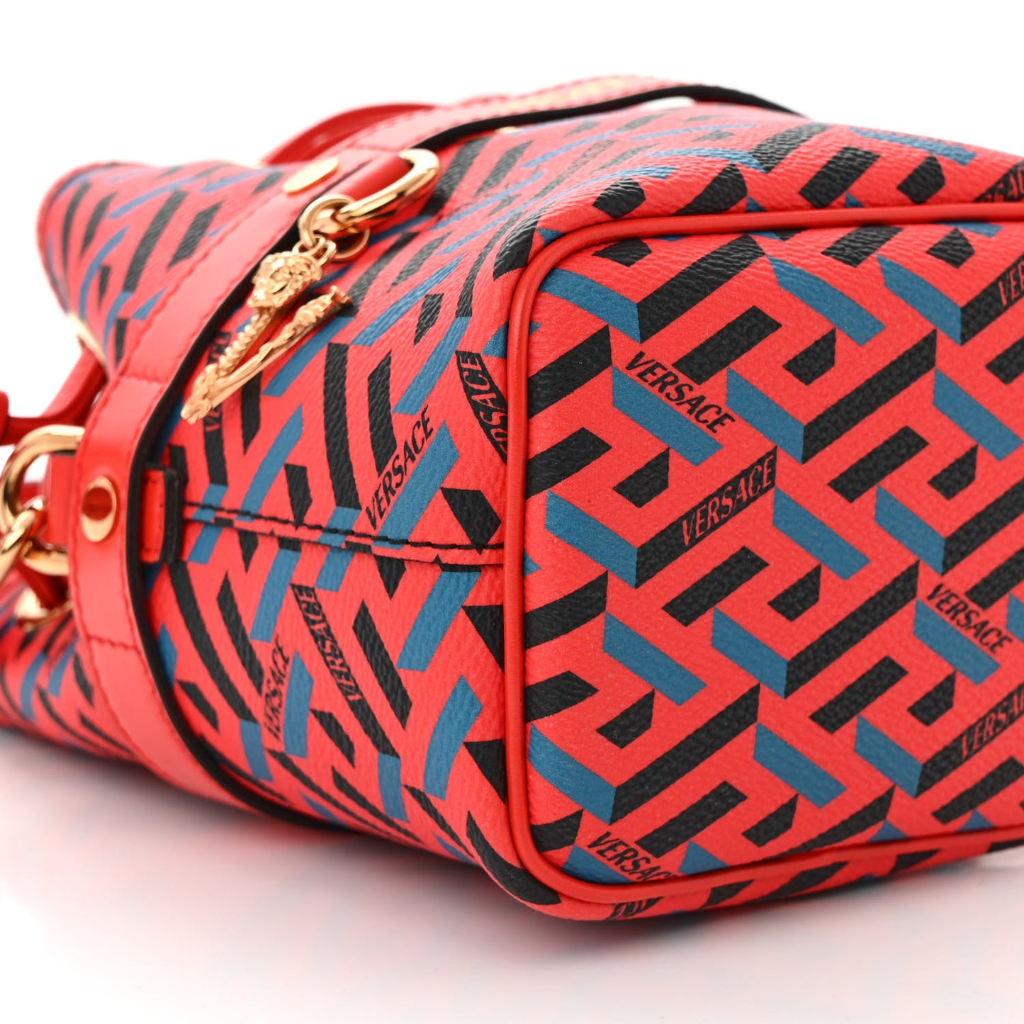 Coated Canvas Calfskin La Greca Signature Mini Bucket Bag Blue Red