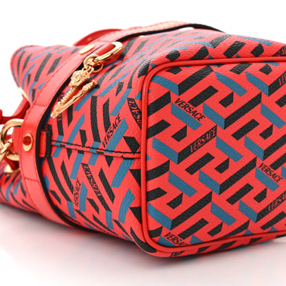 Versace Coated Canvas Calfskin La Greca Signature Mini Bucket Bag Blue Red 9 of 10