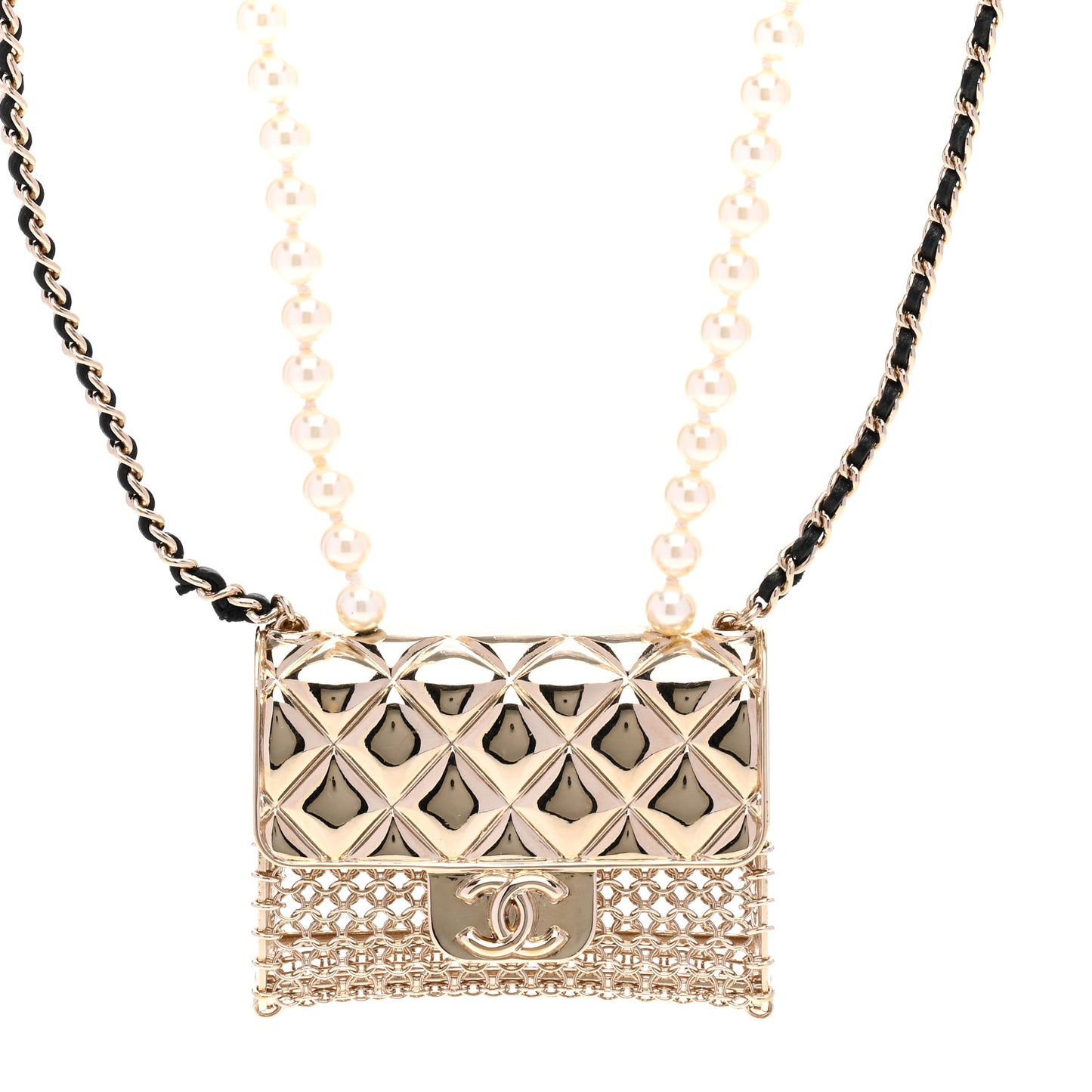 Metal Lambskin Pearl Chain Flap Bag Long Necklace Gold Black Pearly White