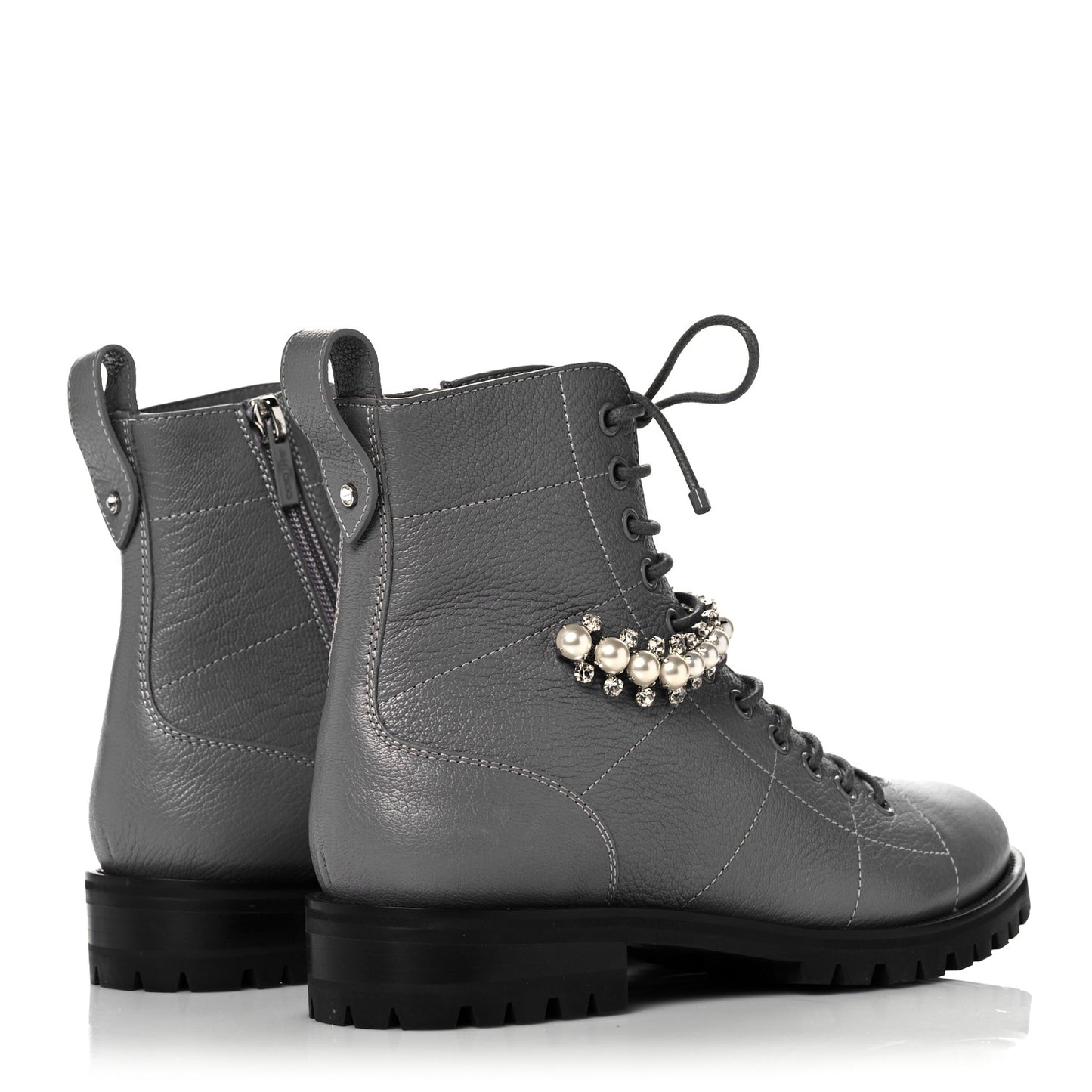 IMMY CHOO Grained Goatskin Pearl Crystal Embellished Cruz Combat Boots 38.5 Grey