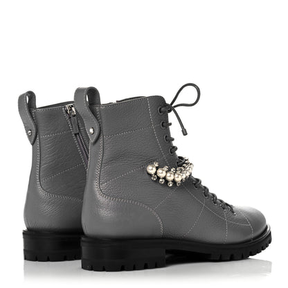 Jimmy Choo IMMY CHOO Grained Goatskin Pearl Crystal Embellished Cruz Combat Boots 38.5 Grey 4 of 14