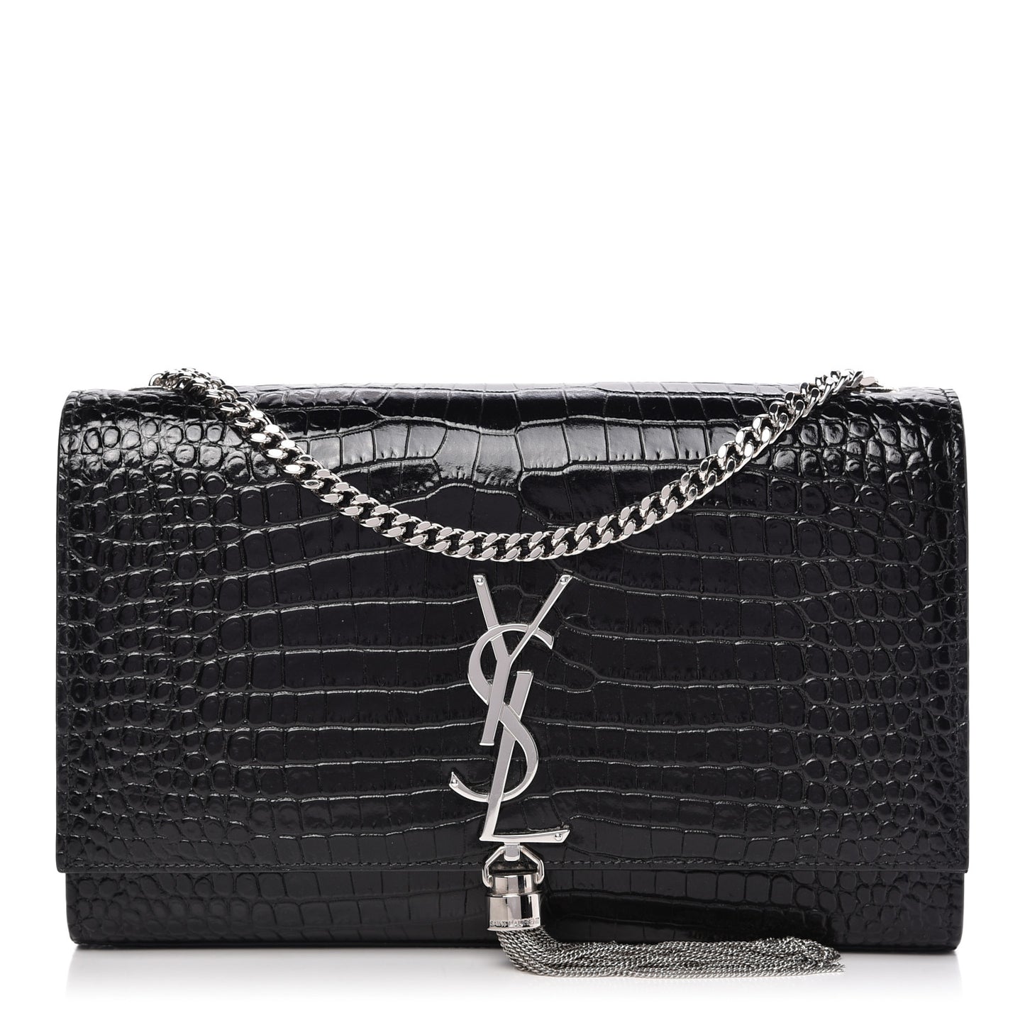 Calfskin Crocodile Embossed Medium Classic Monogram Kate Tassel Satchel Black