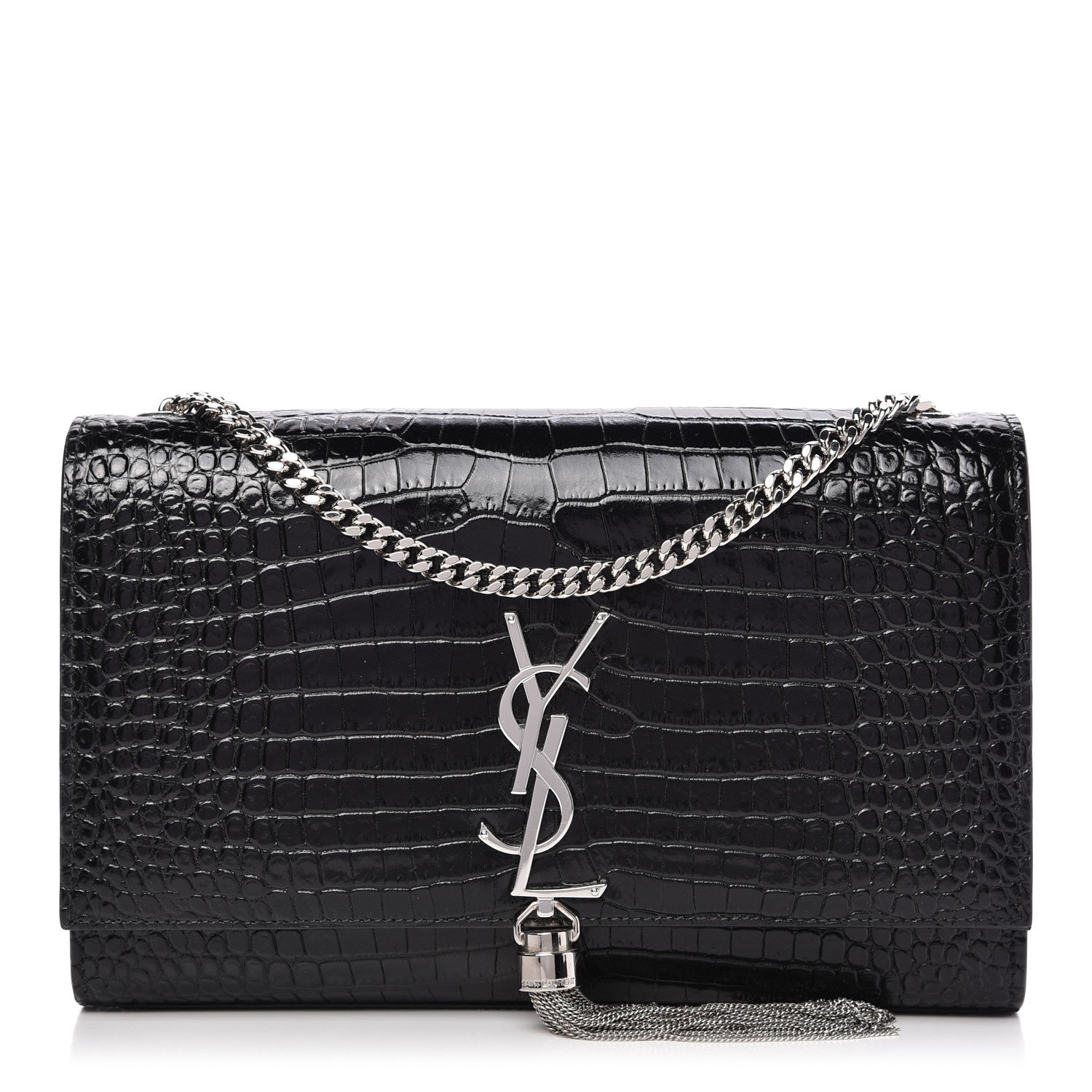 Saint Laurent Calfskin Crocodile Embossed Medium Classic Monogram Kate Tassel Satchel Black 1 of 9