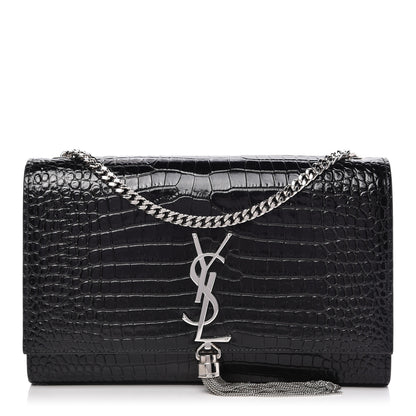 Saint Laurent Calfskin Crocodile Embossed Medium Classic Monogram Kate Tassel Satchel Black 1 of 9