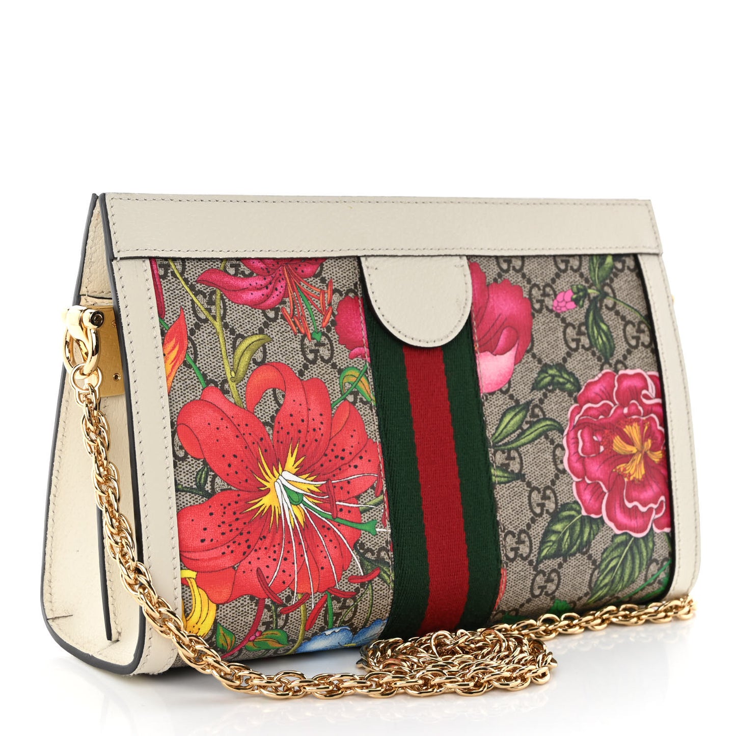 GG Supreme Monogram Flora Web Small Ophidia Chain Shoulder Bag White
