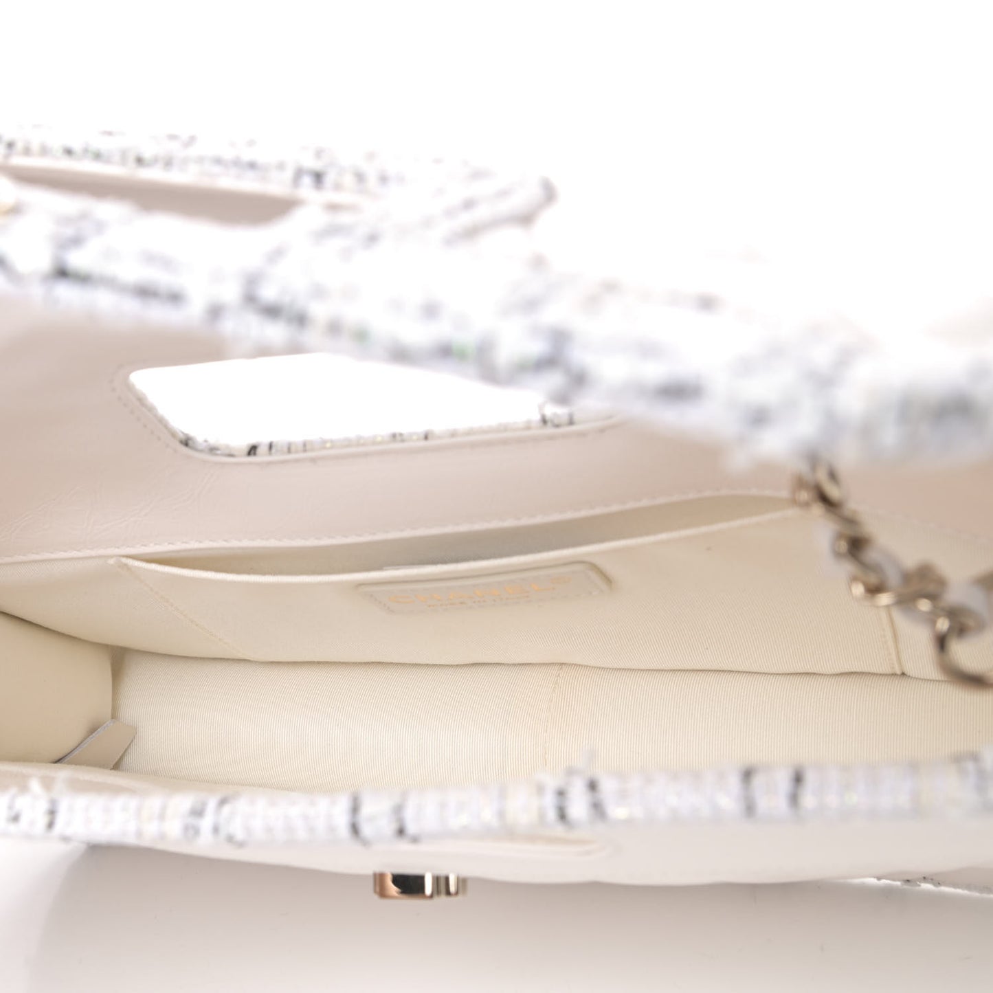 Aged Calfskin Tweed Top Handle Charm Flap White