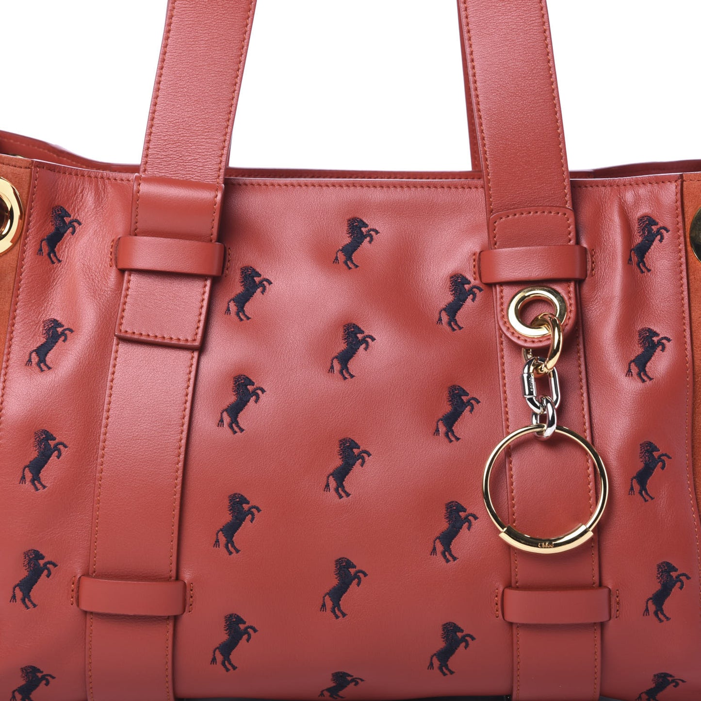 Smooth Calfskin Little Horses Embroidered Tao Zipped Tote Earthy Red