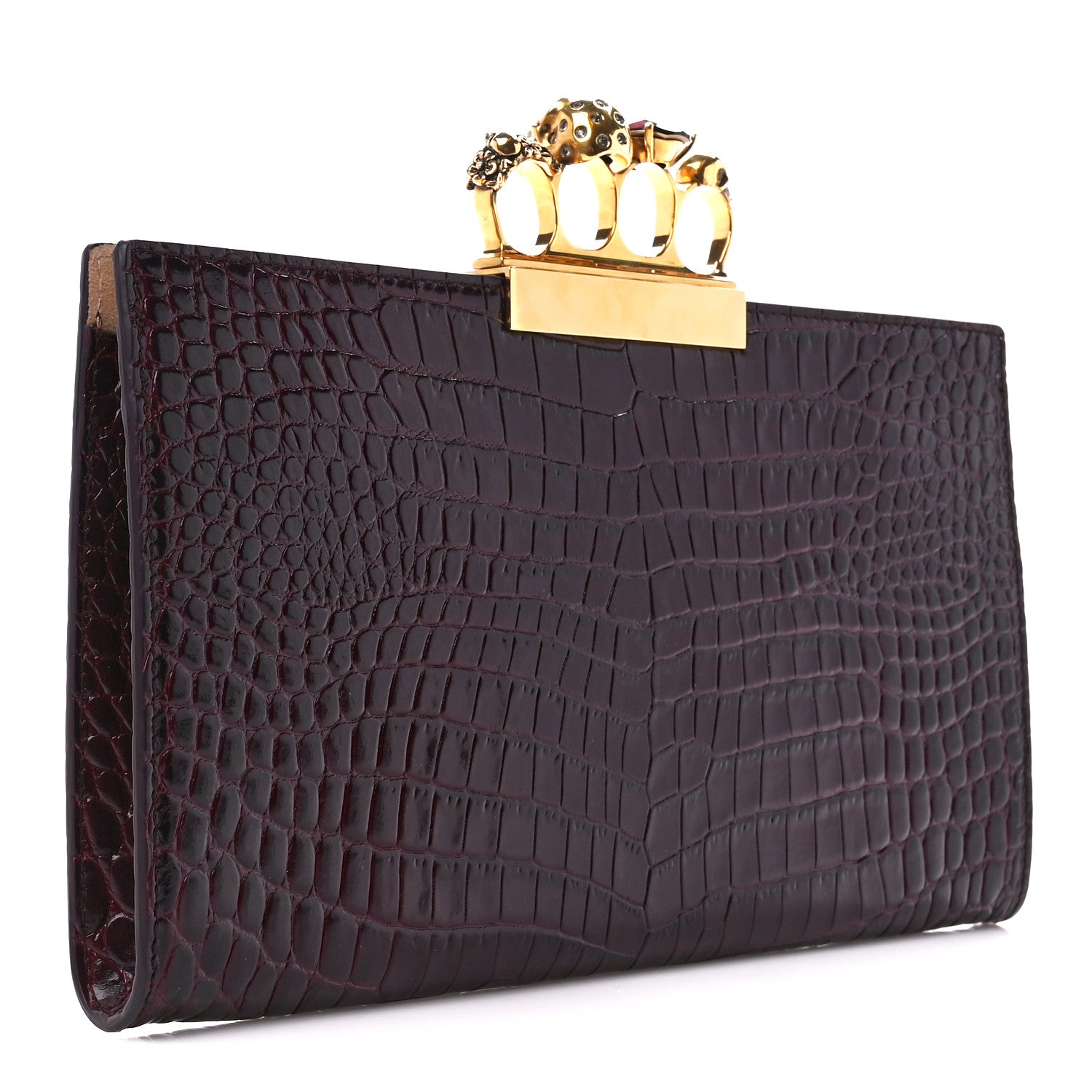 Alexander McQueen Calfskin Crocodile Embossed Knuckle Flat Clutch Burgundy 3 of 11
