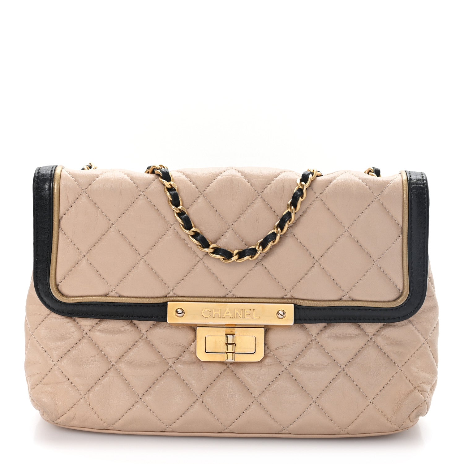 Chanel Lambskin Quilted Mademoiselle East West Flap Beige Black 1 of 11