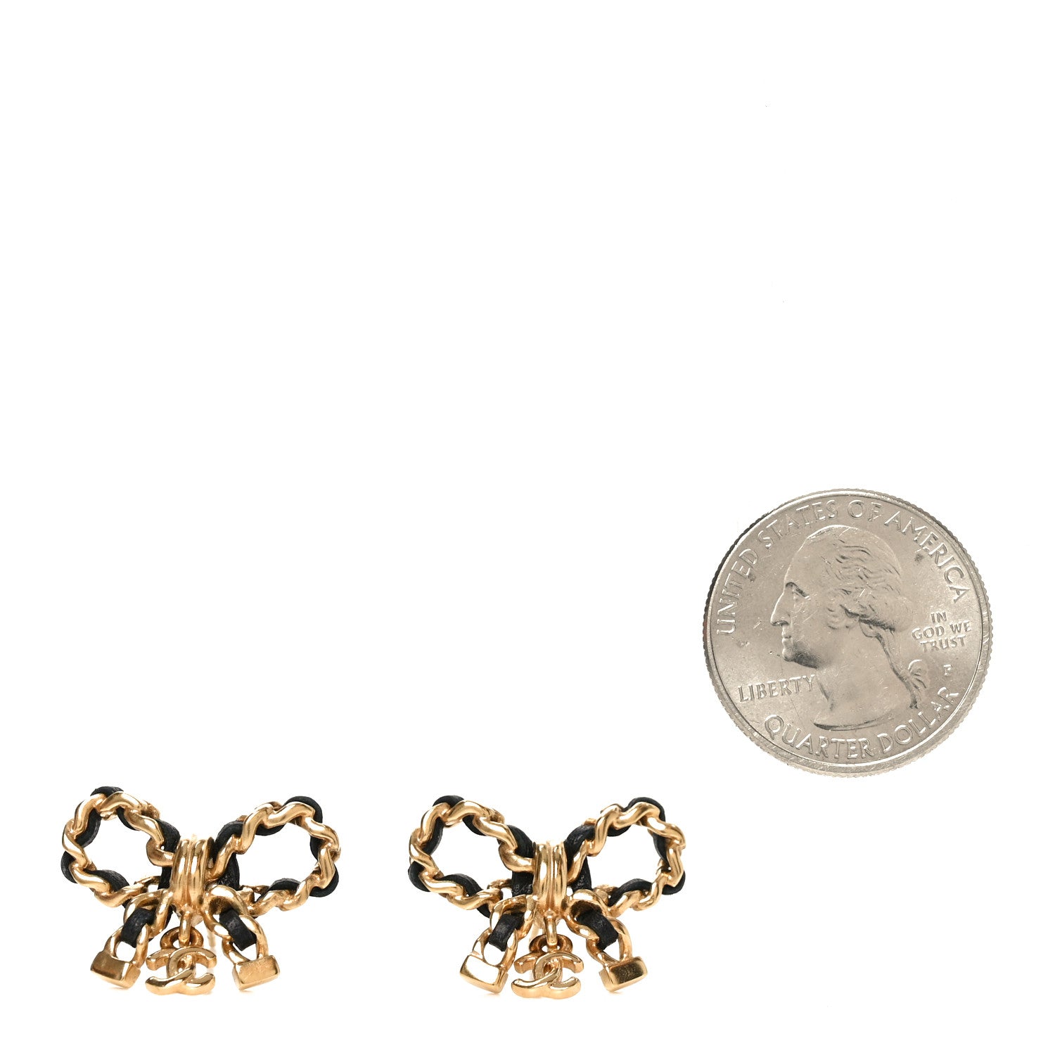 Chanel Lambskin Chain Bow Stud Earrings Black Gold 2 of 5