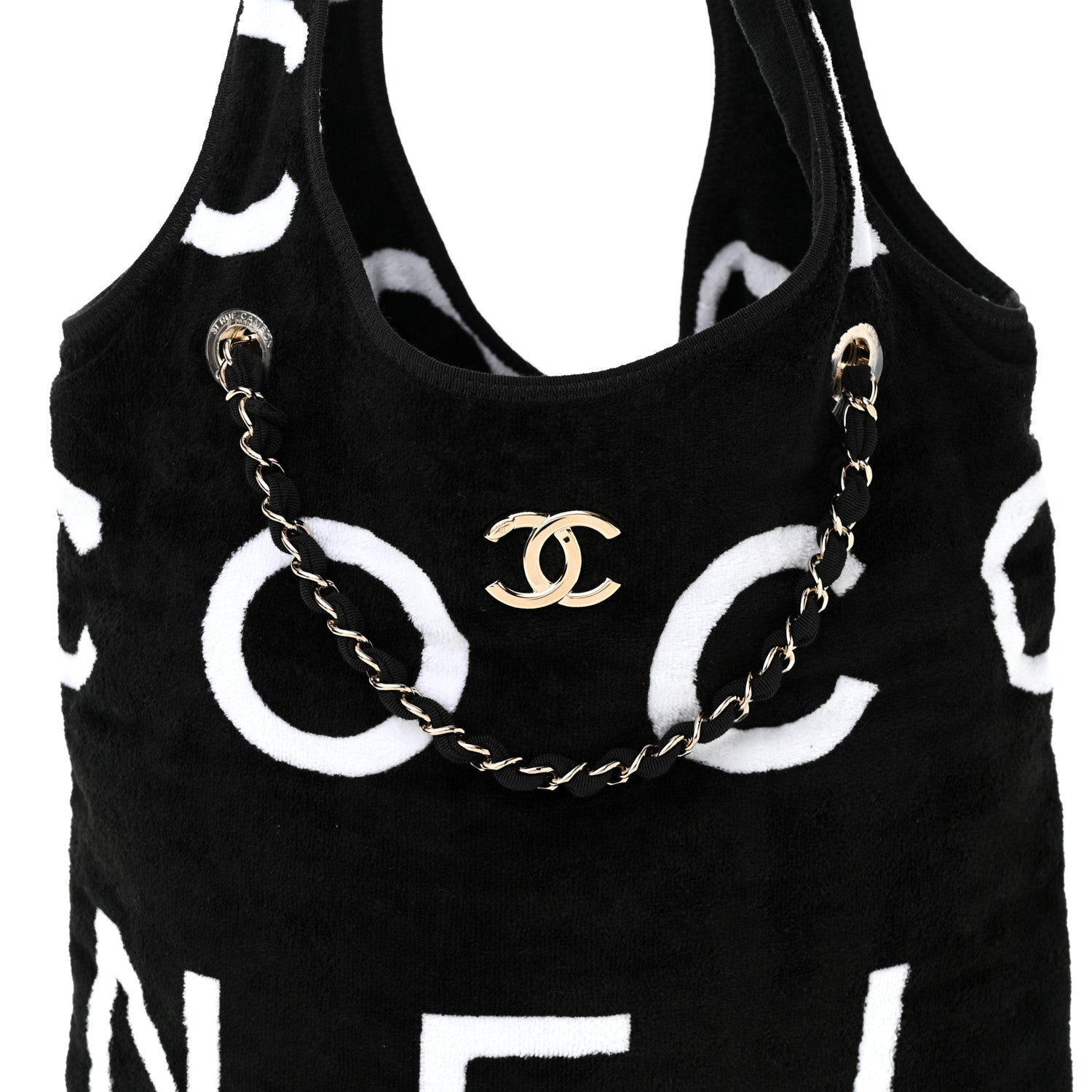 Chanel Terry Cotton Logo Beach Hobo Black White 9 of 11