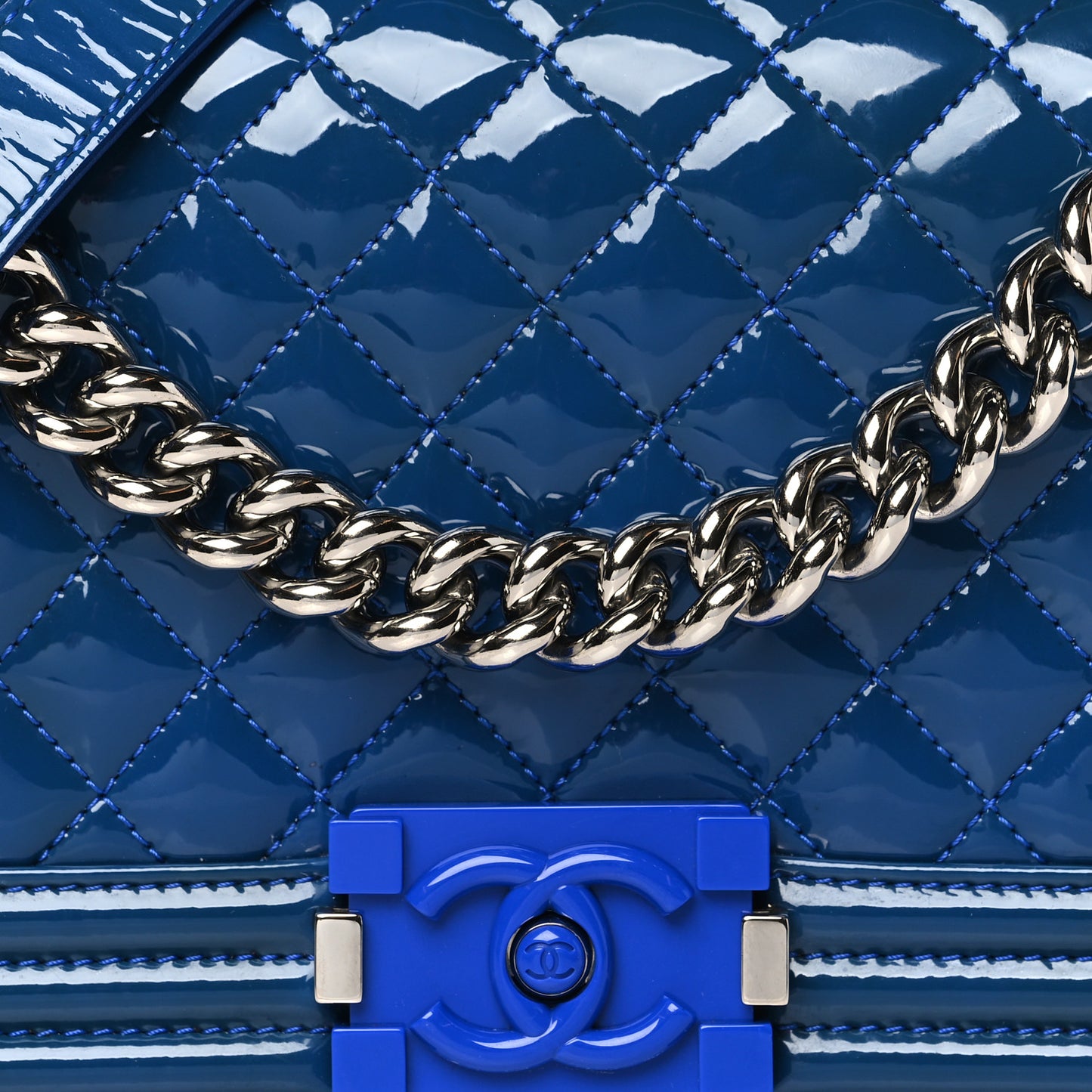Patent Calfskin Quilted Medium Plexiglass Boy Flap Blue