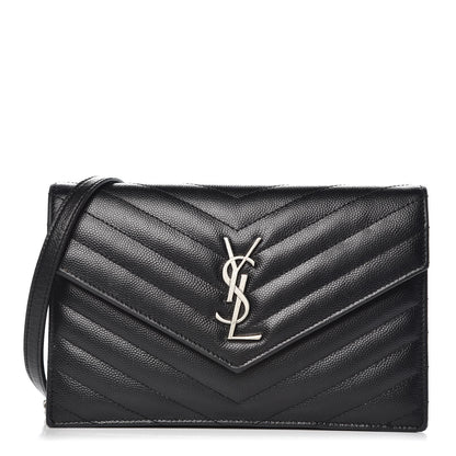 Saint Laurent Grain De Poudre Matelasse Chevron Monogram Envelope Chain Wallet Black 1 of 15