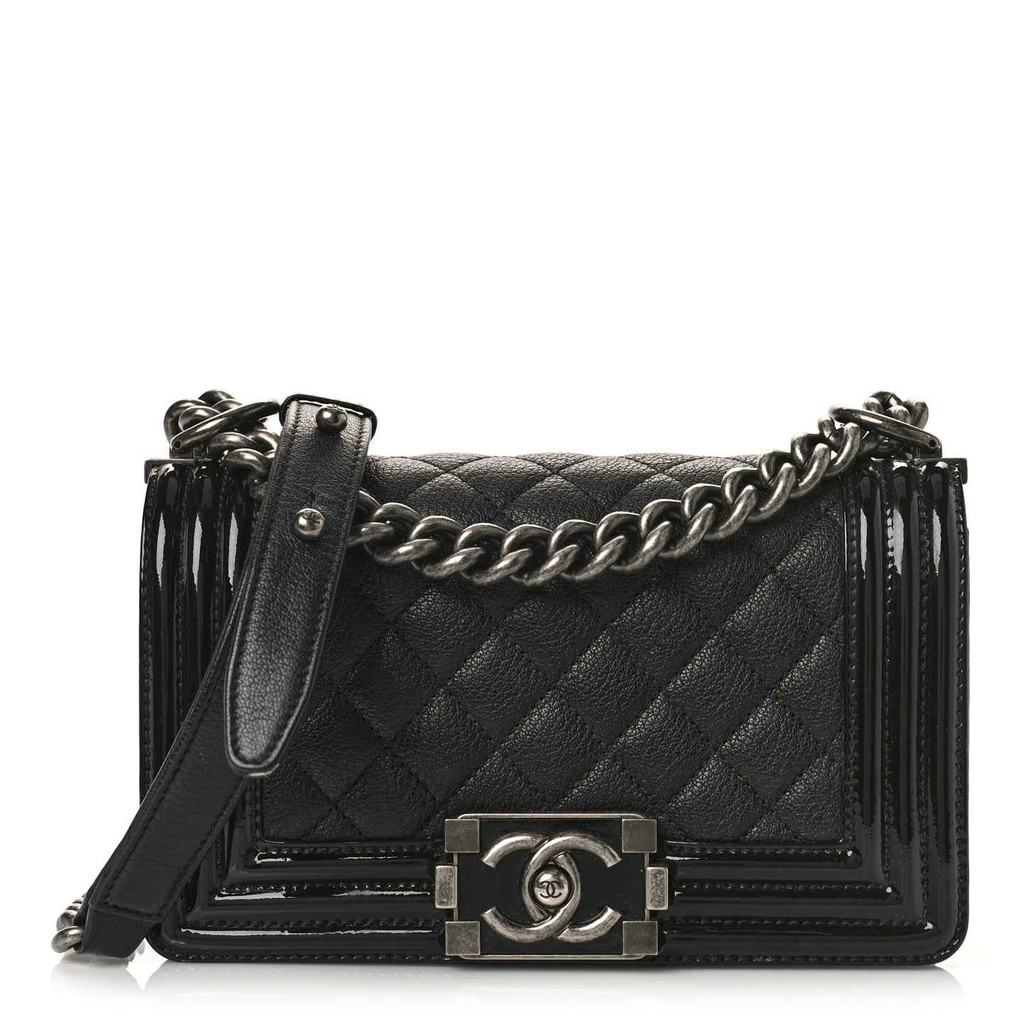 Goatskin Quilted Patent Small Duo Boy Flap Black