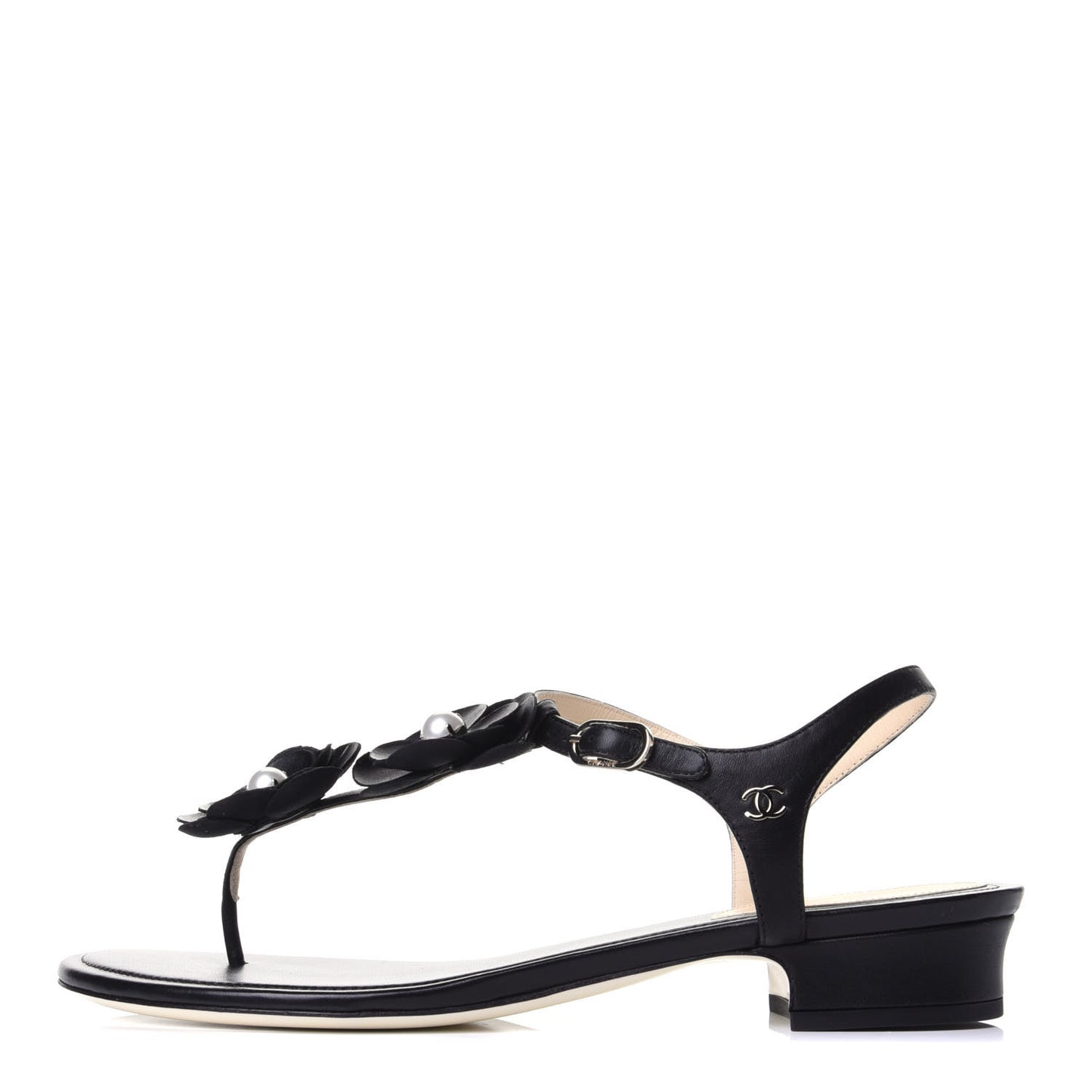 Calfskin Camellia Thong Sandals 38.5 Black