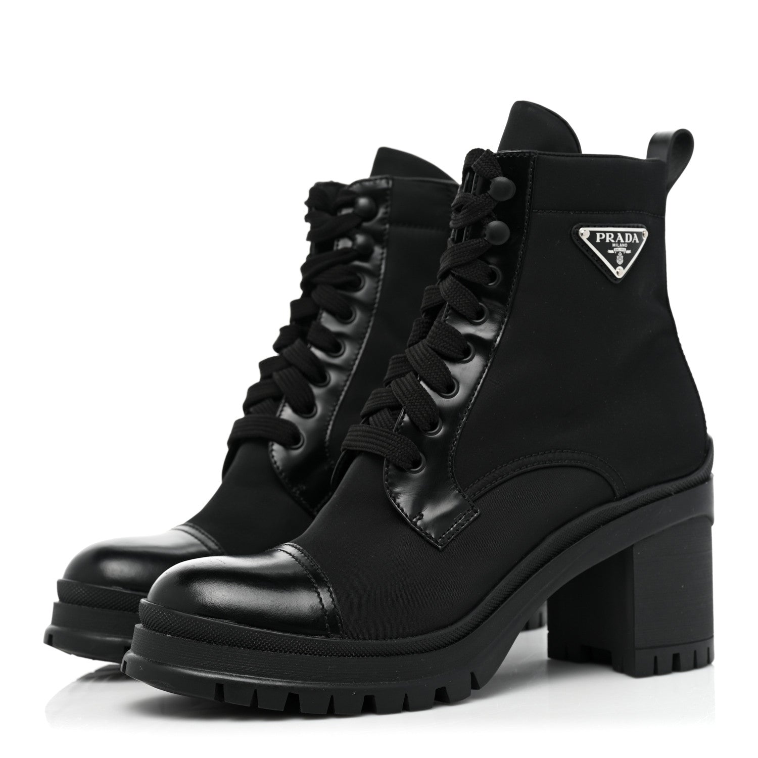 Prada Spazzolato Re-Nylon Metal Triangle Logo Lace Up 85mm Boots 39 Black 3 of 11
