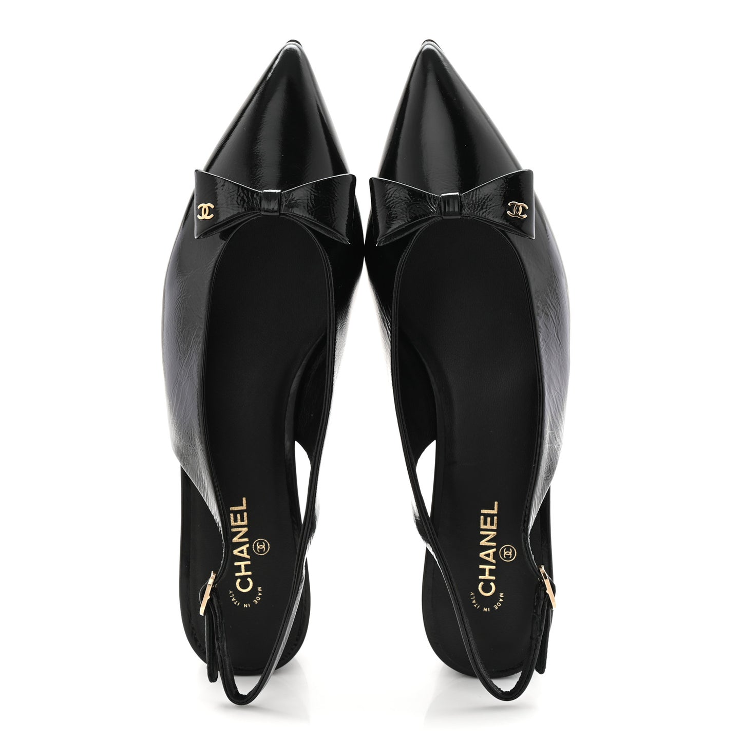 Crumpled Patent Calfskin CC Bow Slingback Pumps 37.5 Black