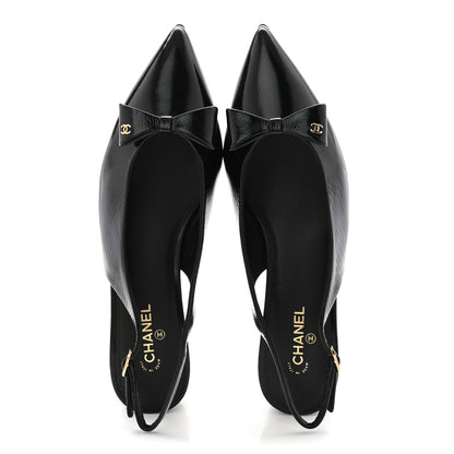Chanel Crumpled Patent Calfskin CC Bow Slingback Pumps 37.5 Black 2 of 9