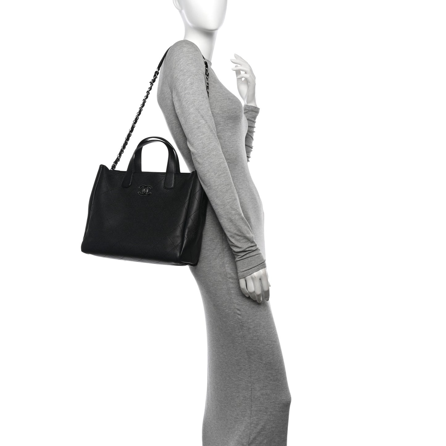 Caviar Stitched Medium Lady Coco Shopping Tote Black