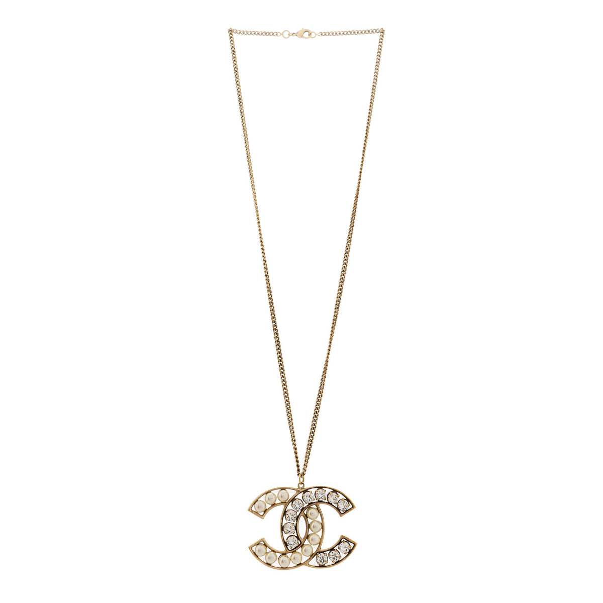 Chanel Pearl Crystal CC Pendant Necklace Gold 3 of 5