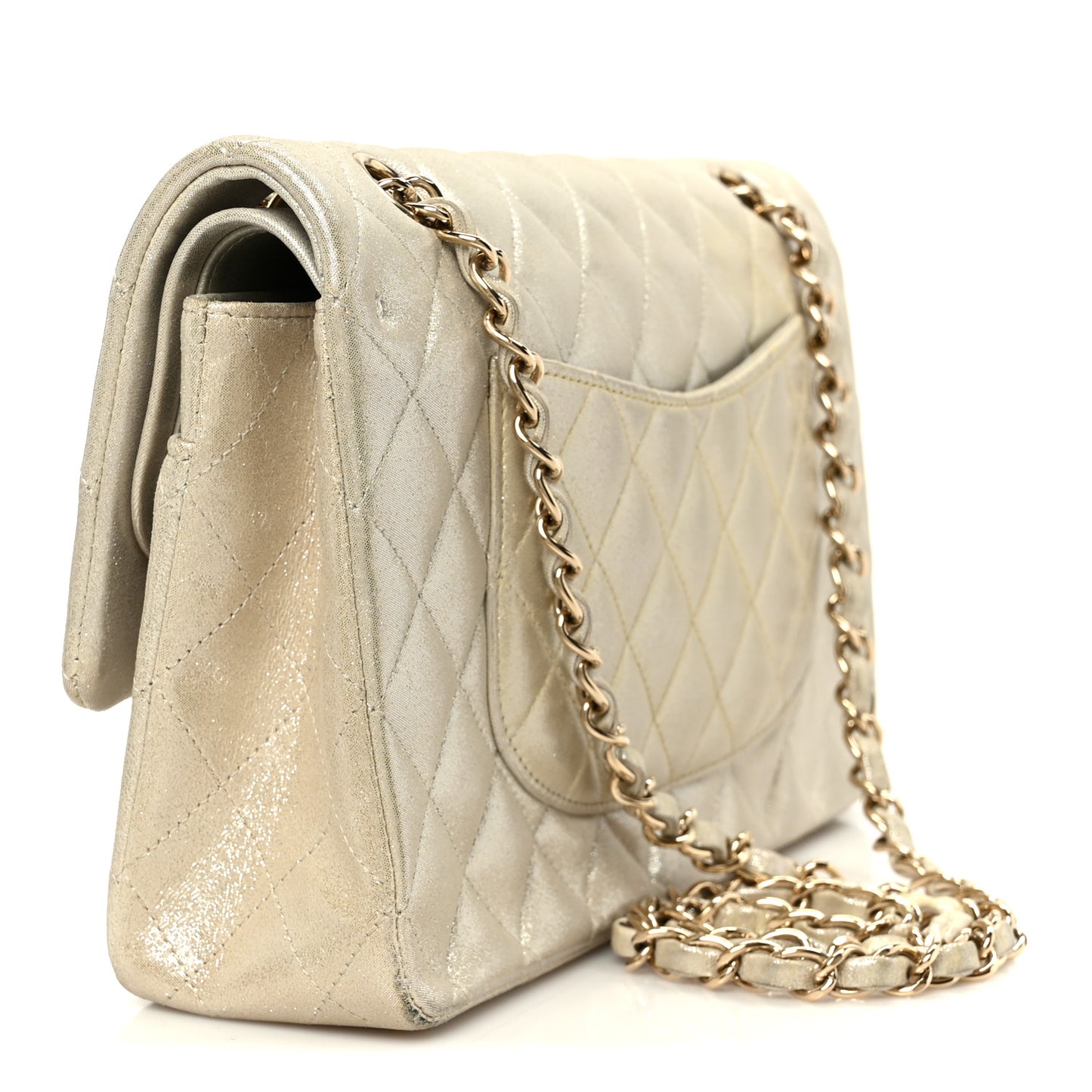 Metallic Canvas Quilted Medium Double Flap Light Gold
