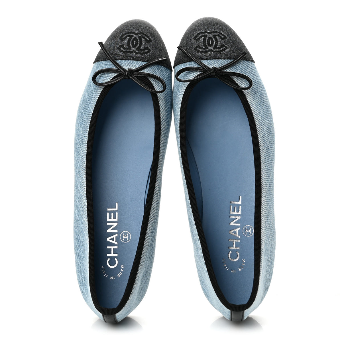 Denim Printed Quilt CC Cap Toe Ballerina Flats 39.5 Light Blue Dark Grey