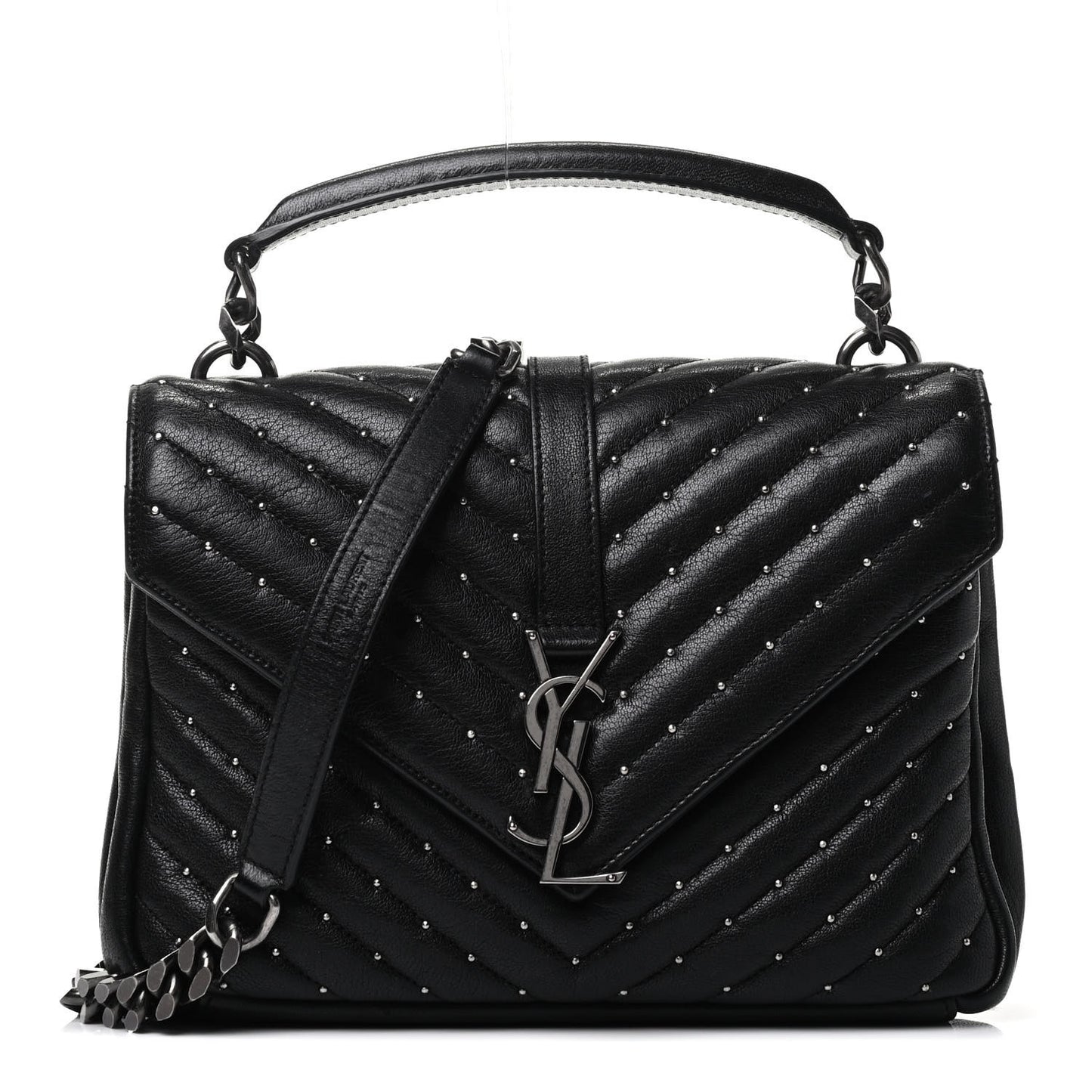 Lambskin Matelasse Chevron Studded Monogram Medium College Bag Black