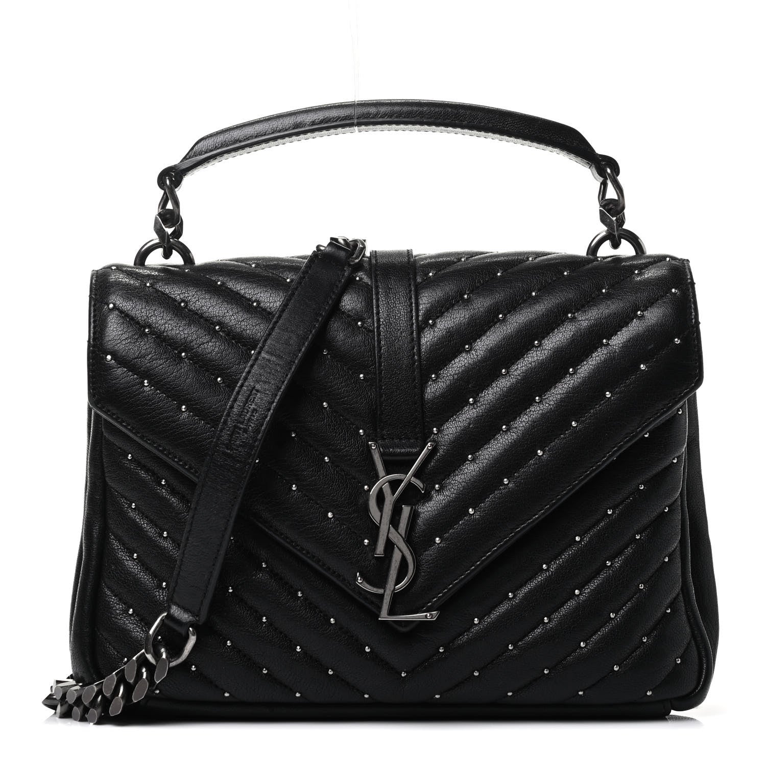 Saint Laurent Lambskin Matelasse Chevron Studded Monogram Medium College Bag Black 1 of 4