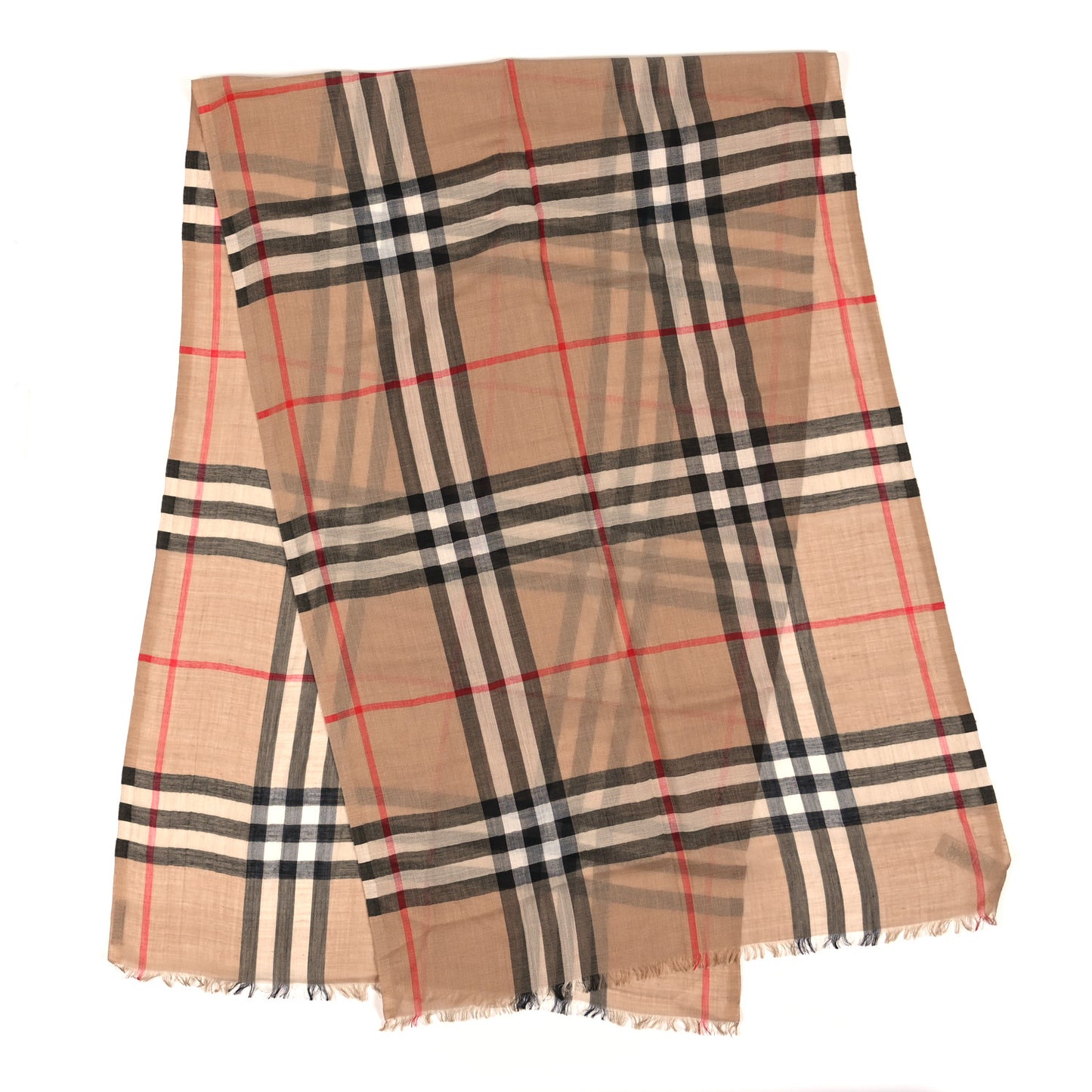 Wool Silk Gauze Giant Check Lightweight Scarf Camel