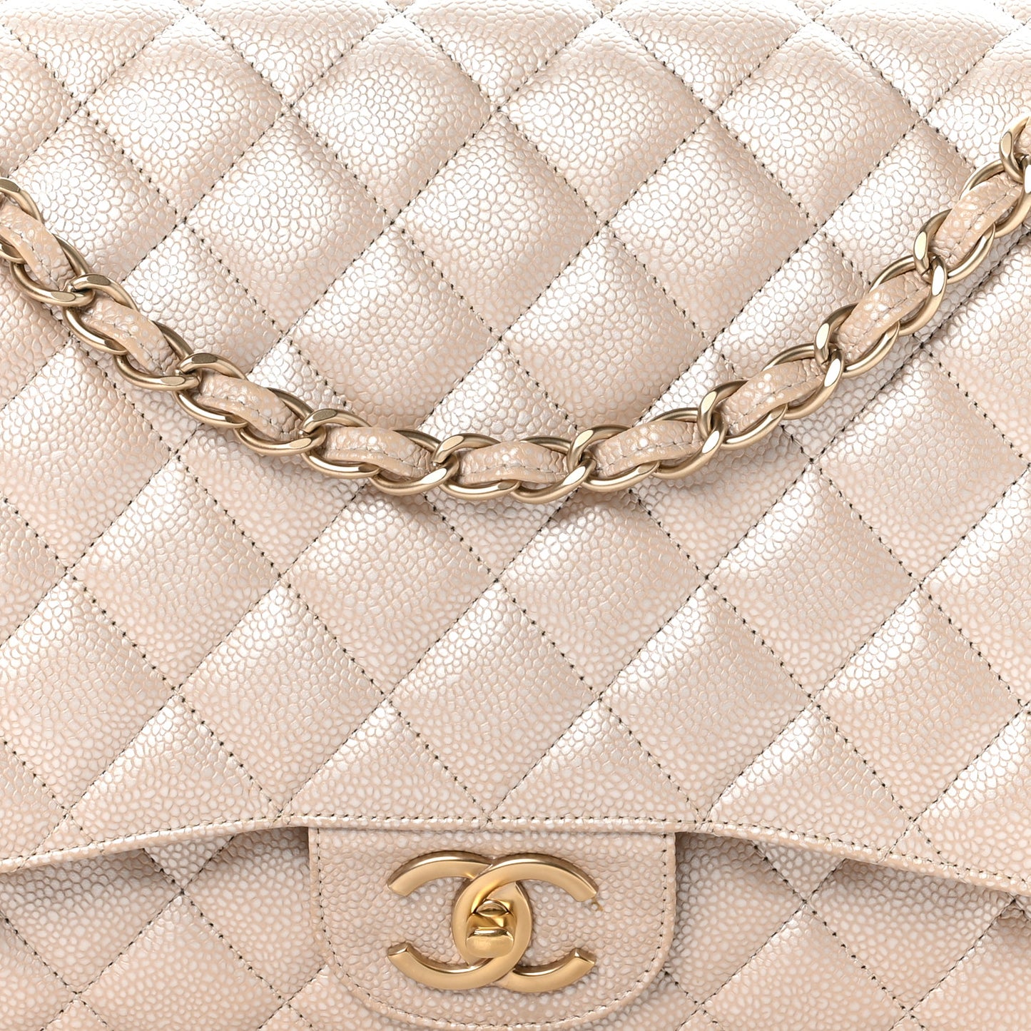 Metallic Caviar Quilted Maxi Double Flap Beige