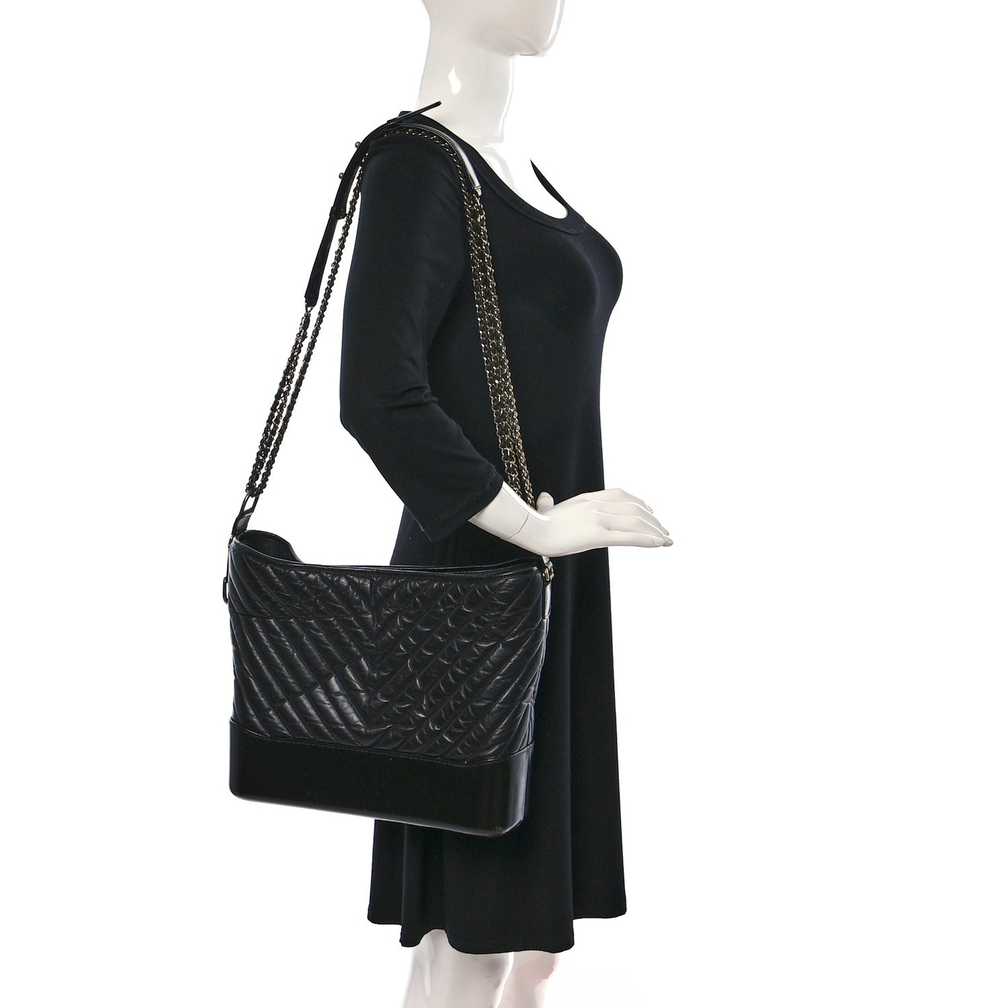 Aged Calfskin Chevron Quilted Large Gabrielle Hobo Black