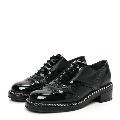 Chanel Lambskin Patent Calfskin CC Brogue Lace Up Oxfords 39.5 Black 3 of 8