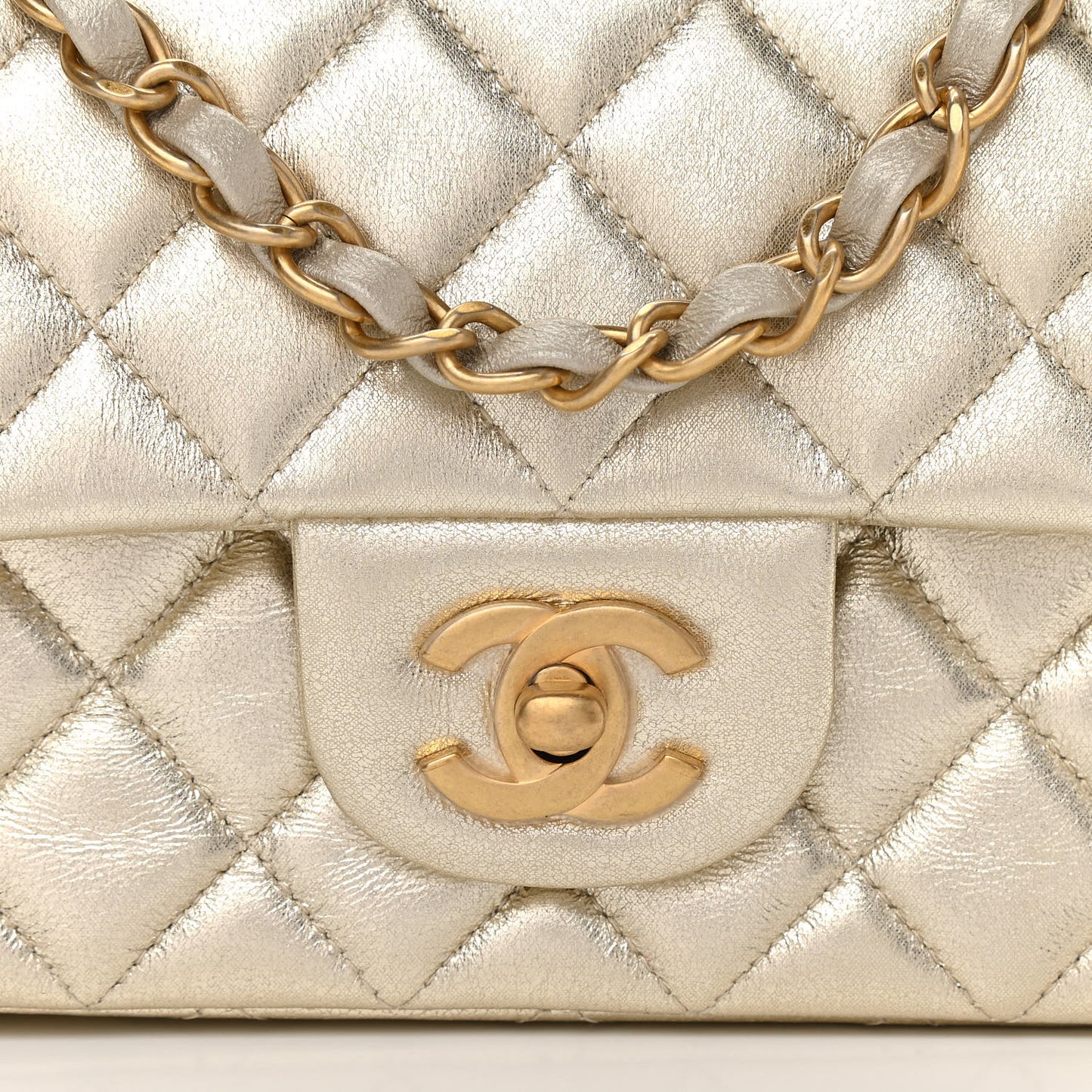 Metallic Lambskin Quilted Mini Rectangular Flap Gold