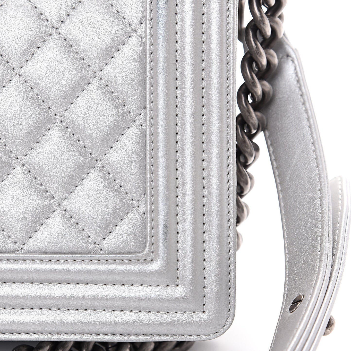 Metallic Calfskin Quilted Medium Boy Flap Silver