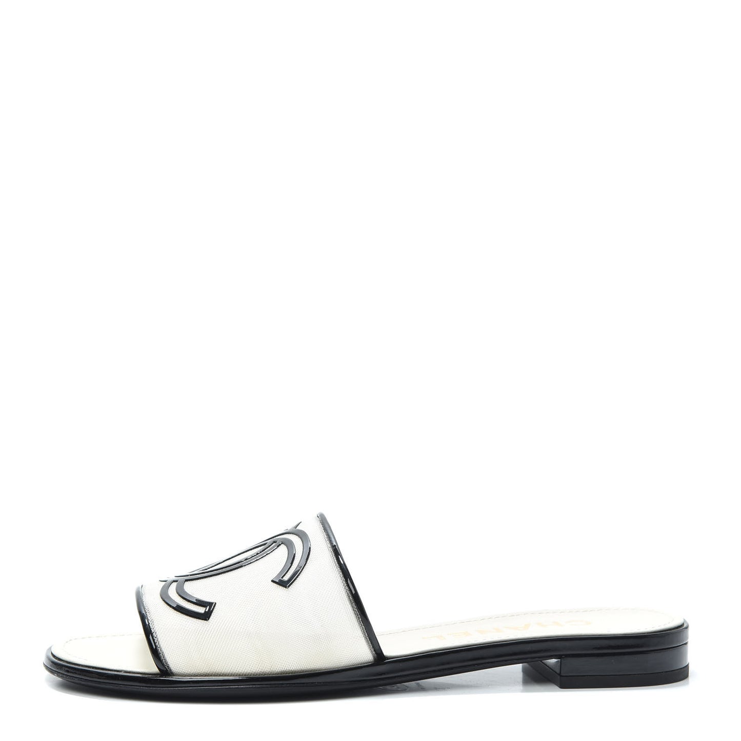 Mesh Patent Calfskin CC Sandal Mule 37 Black