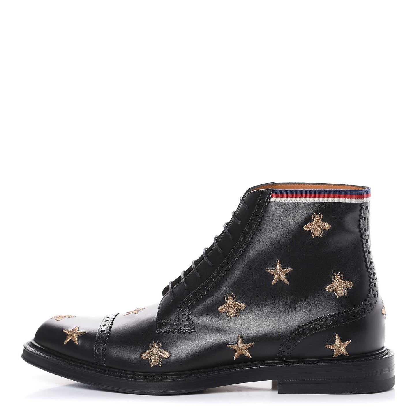Calfskin Sylvie Web Bee Star Embroidered Mens Brogue Captoe Boots 7.5 Black