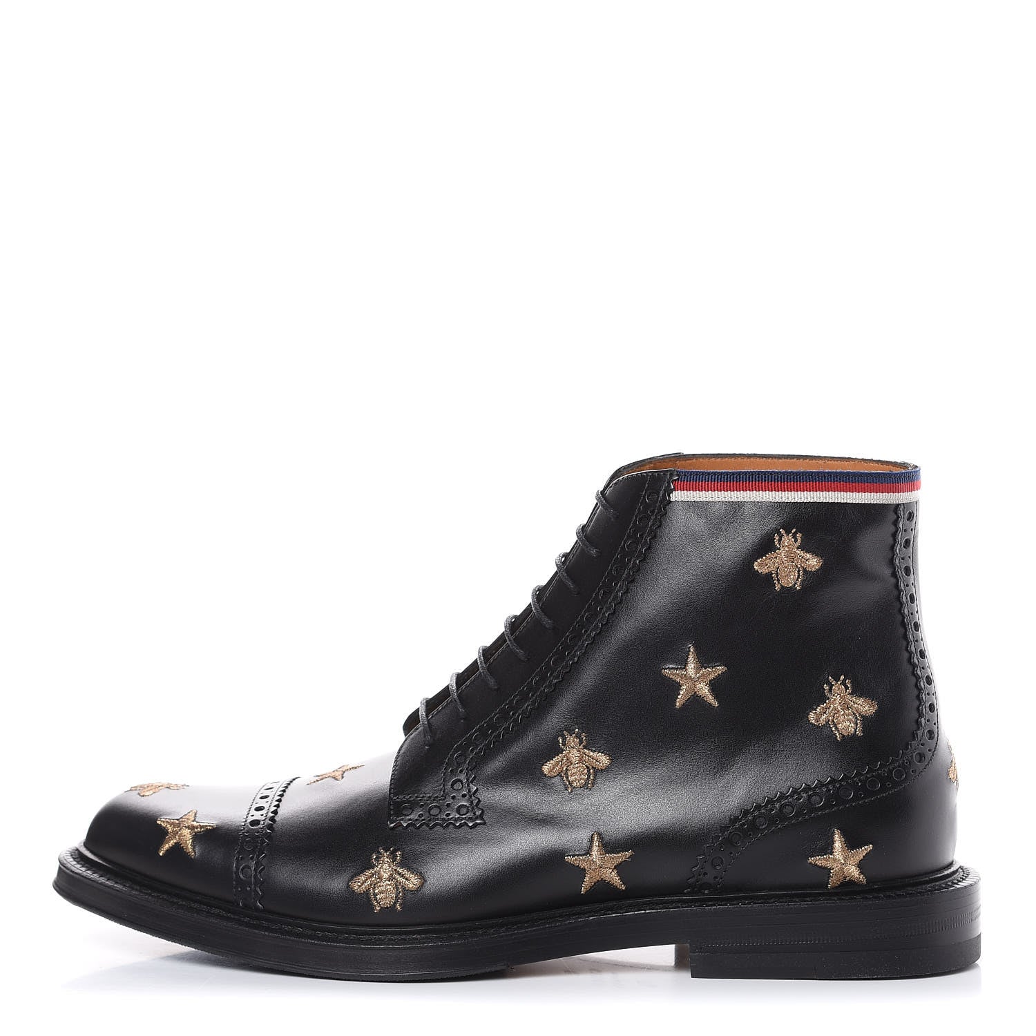 Gucci Calfskin Sylvie Web Bee Star Embroidered Mens Brogue Captoe Boots 7.5 Black 1 of 8