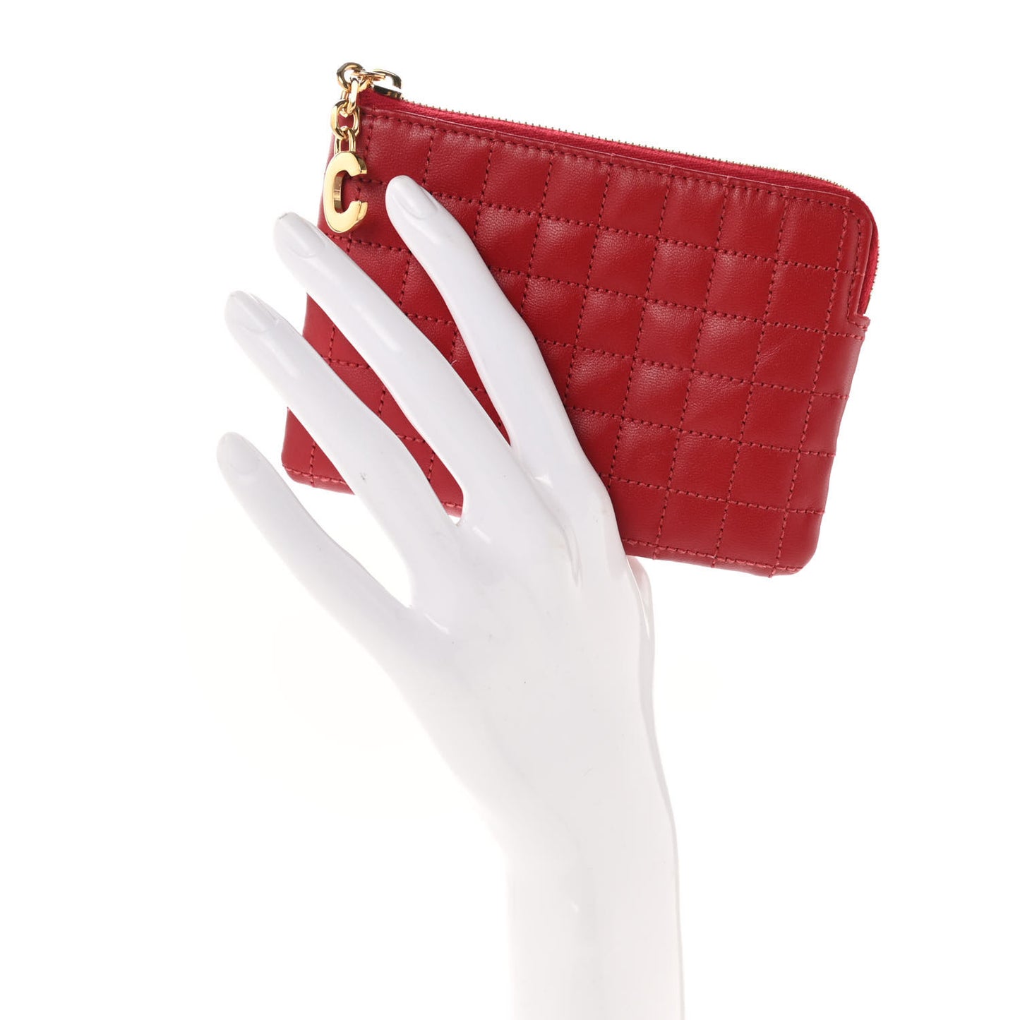 Calfskin Quilted C Charm Coin Card Pouch Red
