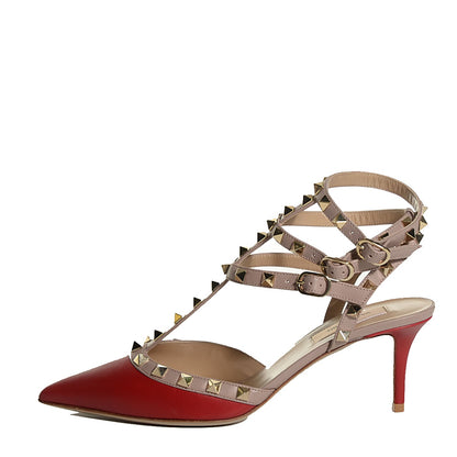 Valentino Garavani Nappa Rockstud Ankle Strap Low Heel Pumps 38 Scarlet Poudre 1 of 7