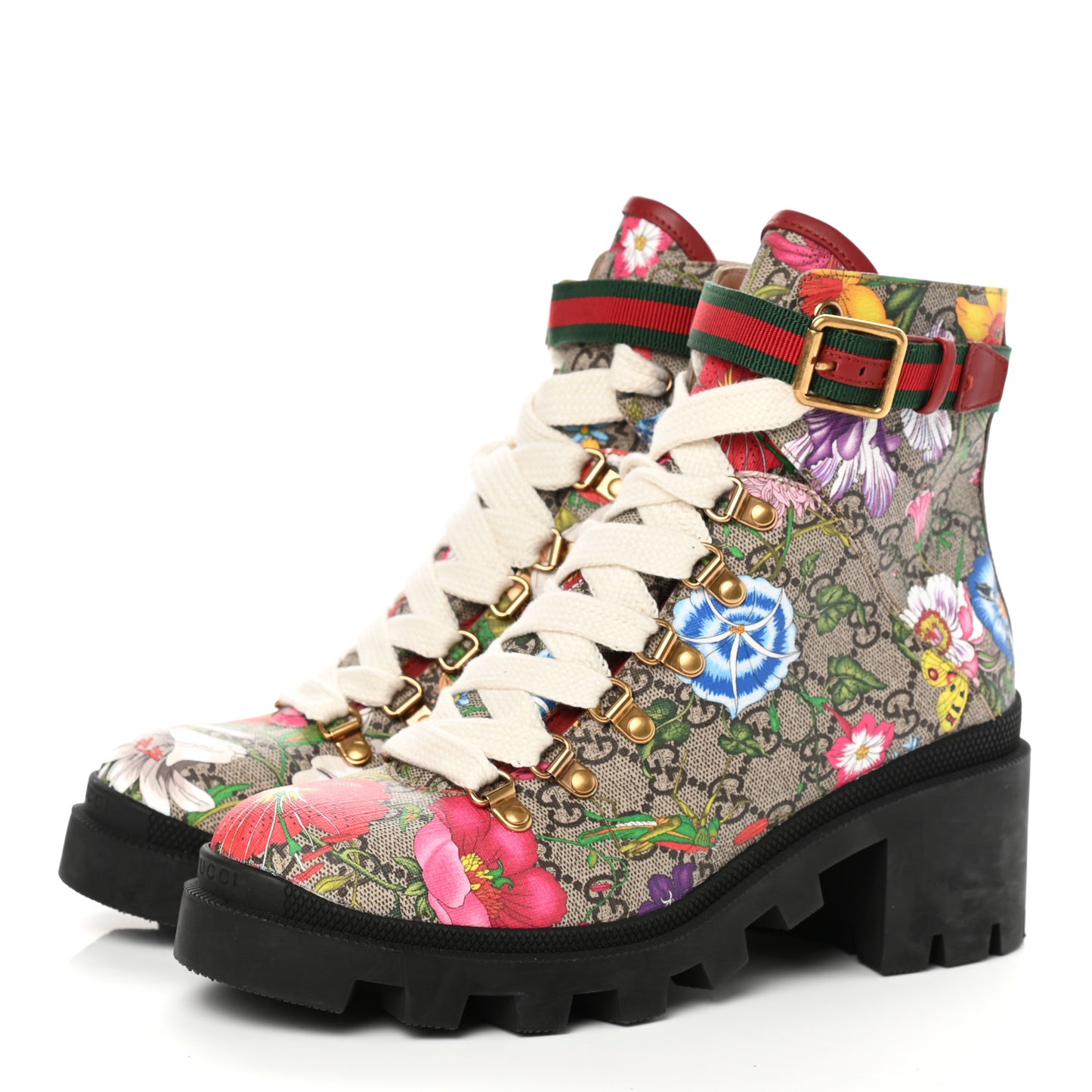 GG Supreme Monogram Flora Lace Up Combat Ankle Boots 39 Beige Multicolor Red