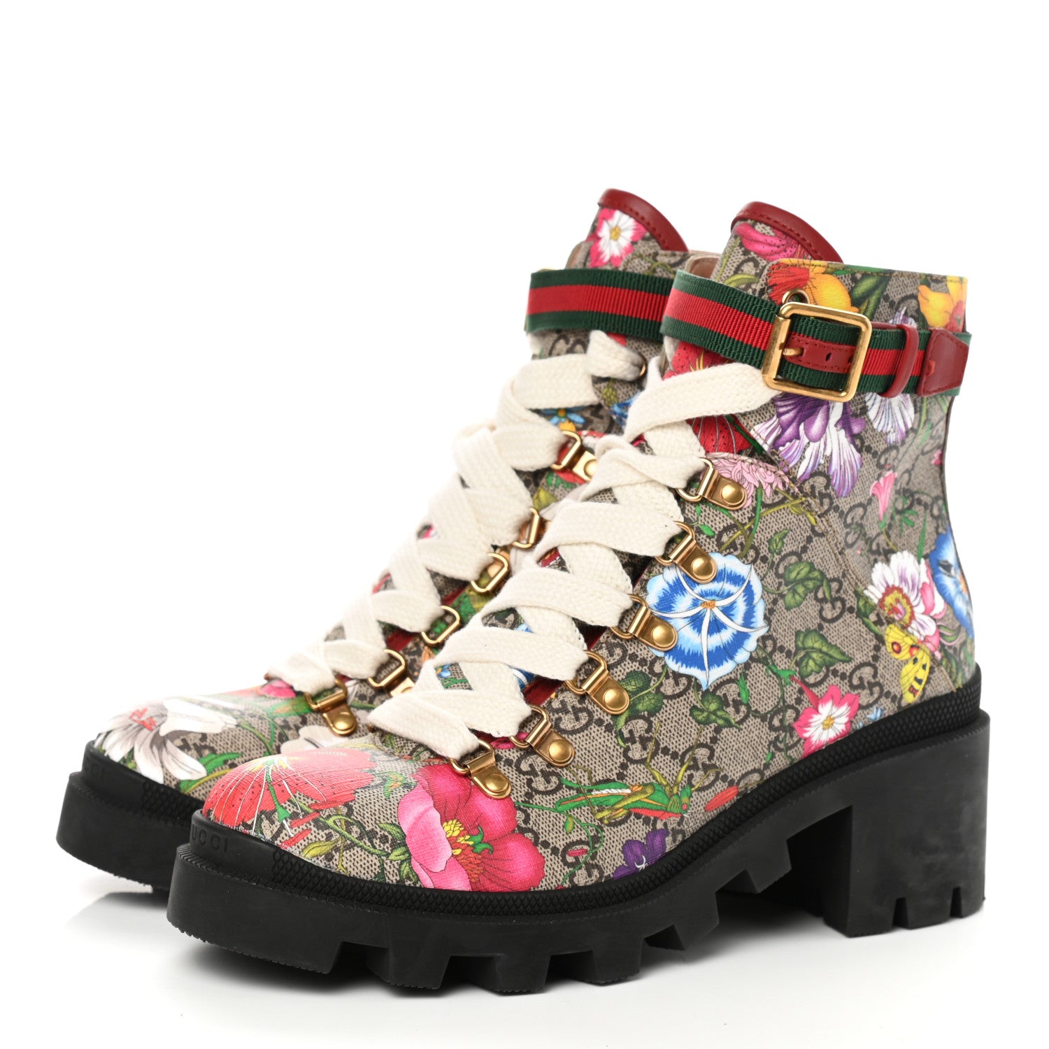 Gucci GG Supreme Monogram Flora Lace Up Combat Ankle Boots 39 Beige Multicolor Red 3 of 9
