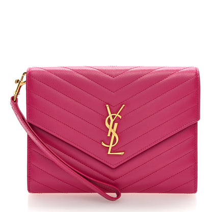 Saint Laurent Grain De Poudre Matelasse Chevron Monogram Envelope Clutch Fuchsia 1 of 6