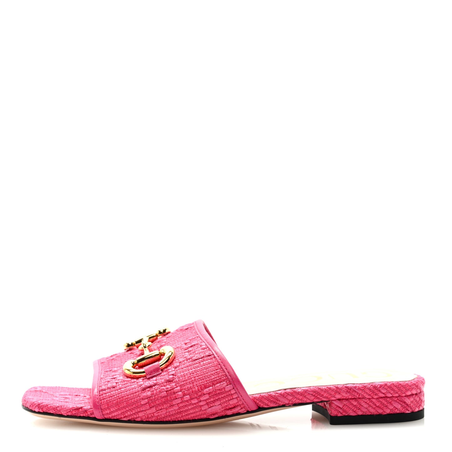 Tridimensional Raffia Malaga Kid GG Monogram Horsebit Flat Slide Sandals 38.5 Bright Fuxia