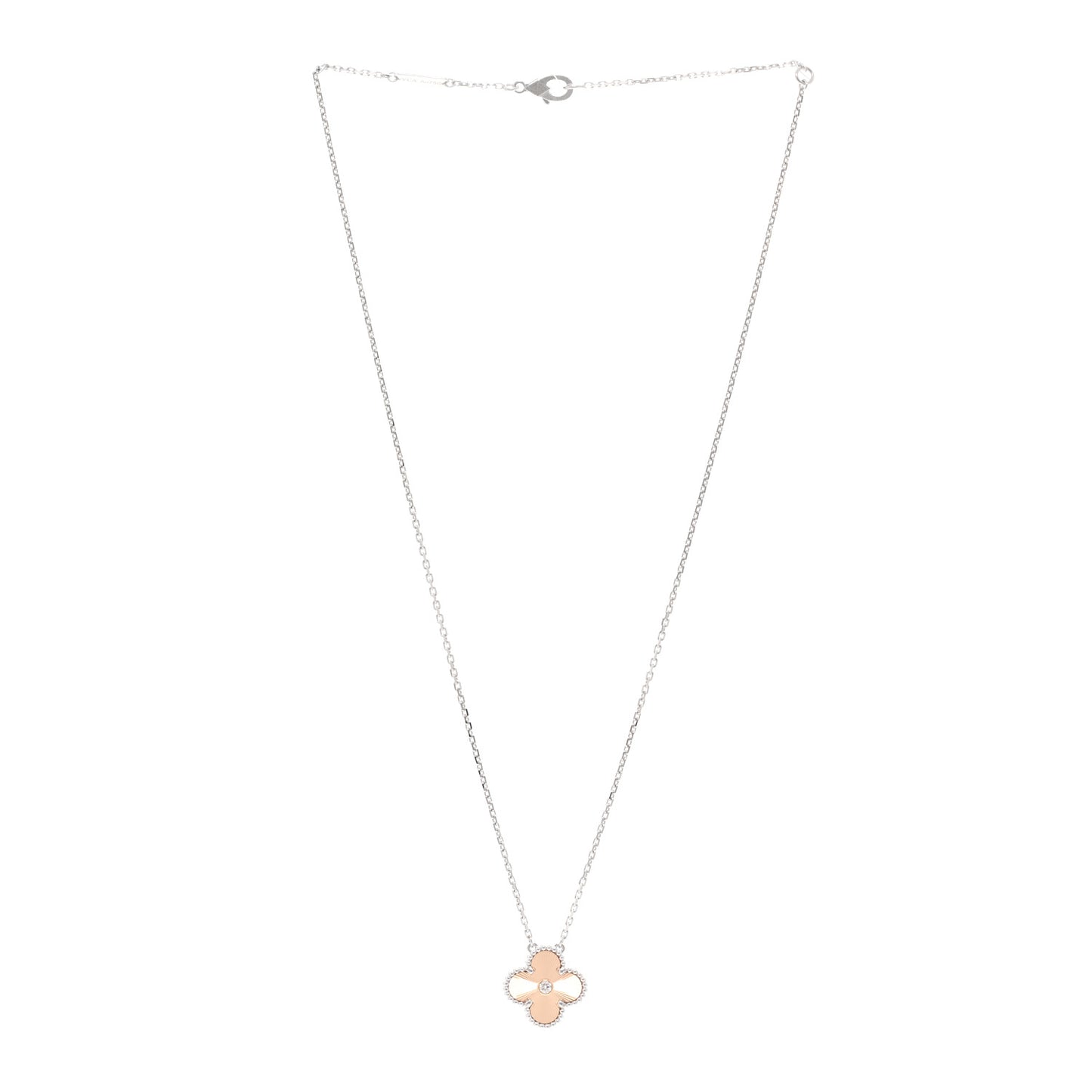 18K White Rose Gold Diamond Guilloche Vintage Alhambra Pendant Necklace