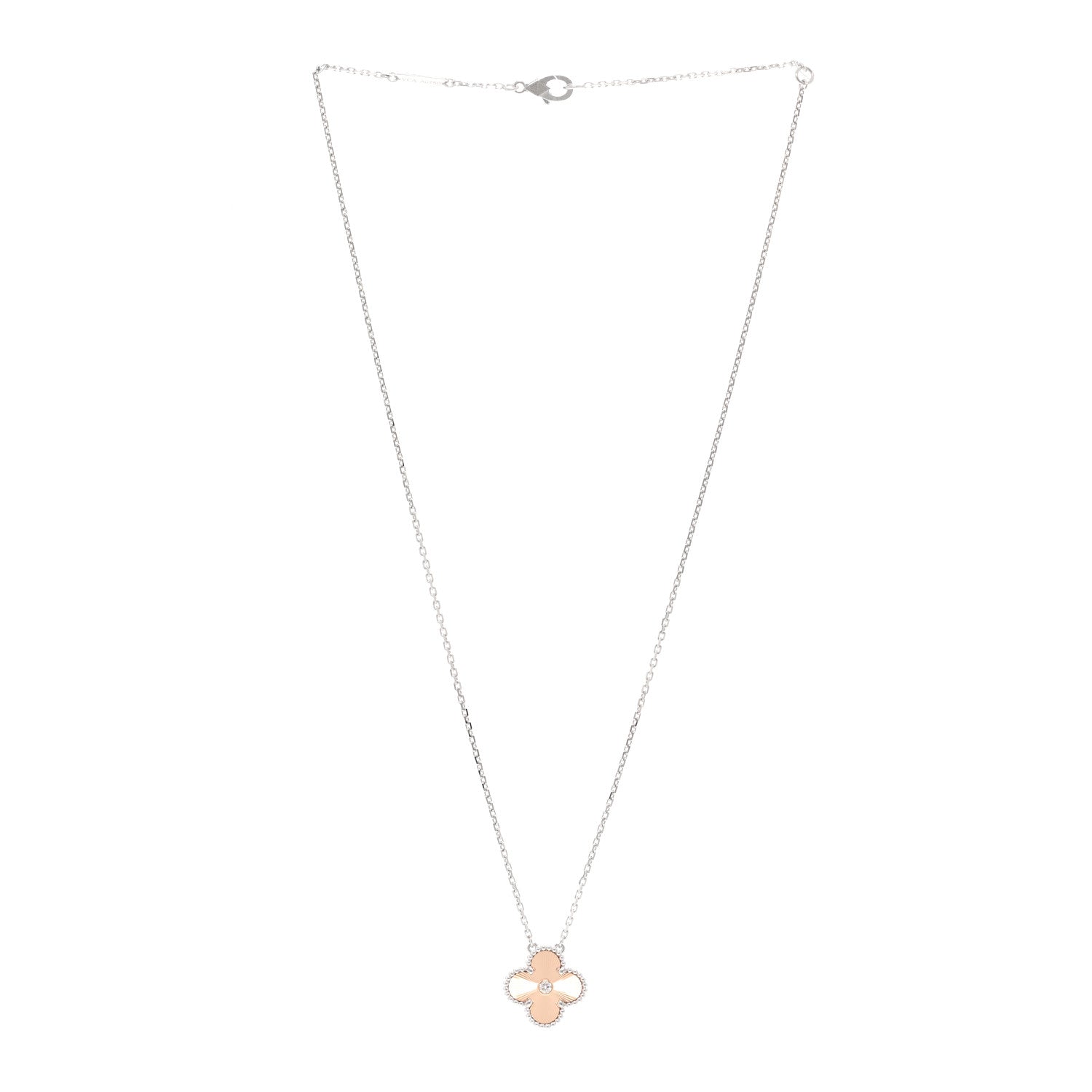 Van Cleef & Arpels 18K White Rose Gold Diamond Guilloche Vintage Alhambra Pendant Necklace 3 of 5