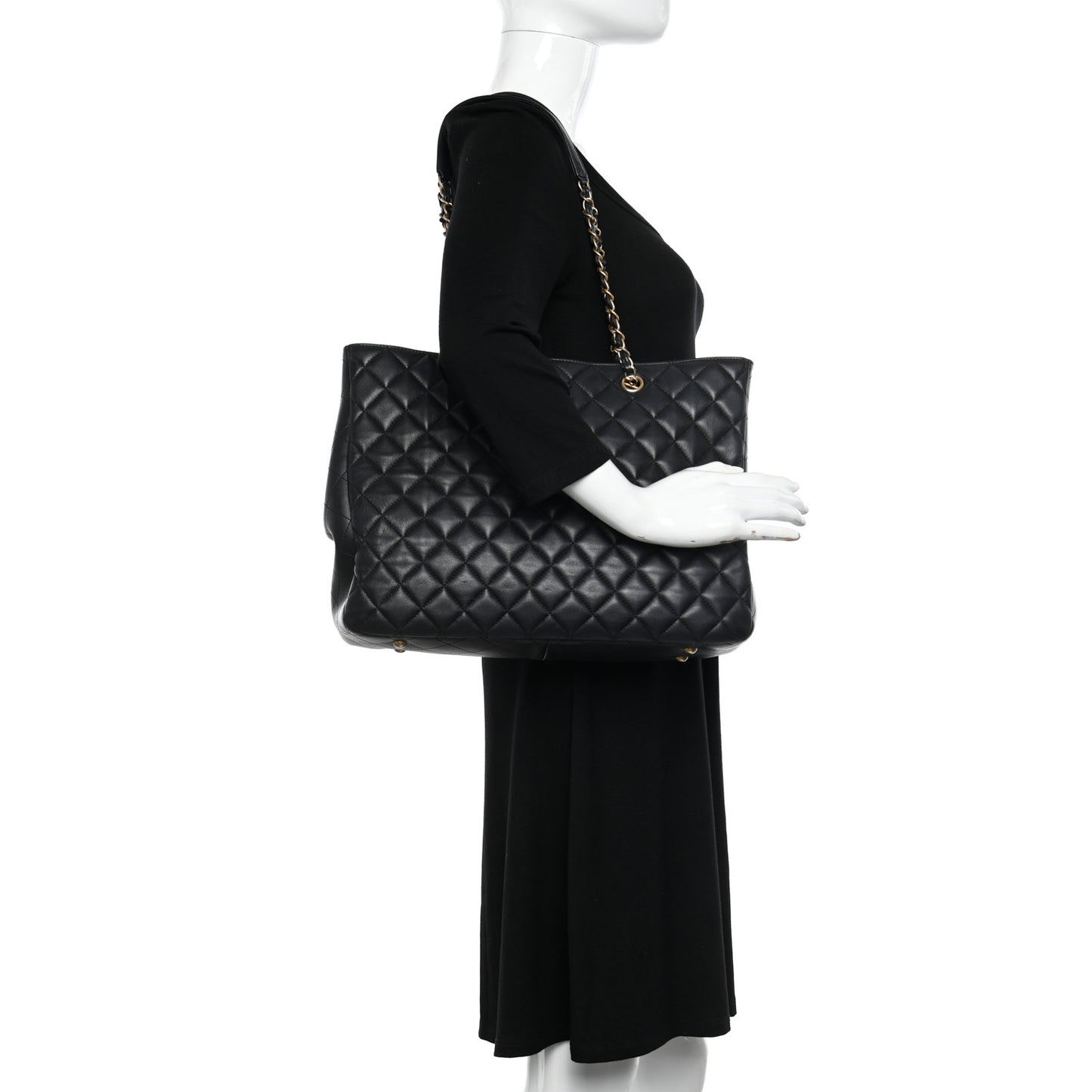 Calfskin Quilted Large Classic Shopping Tote Black